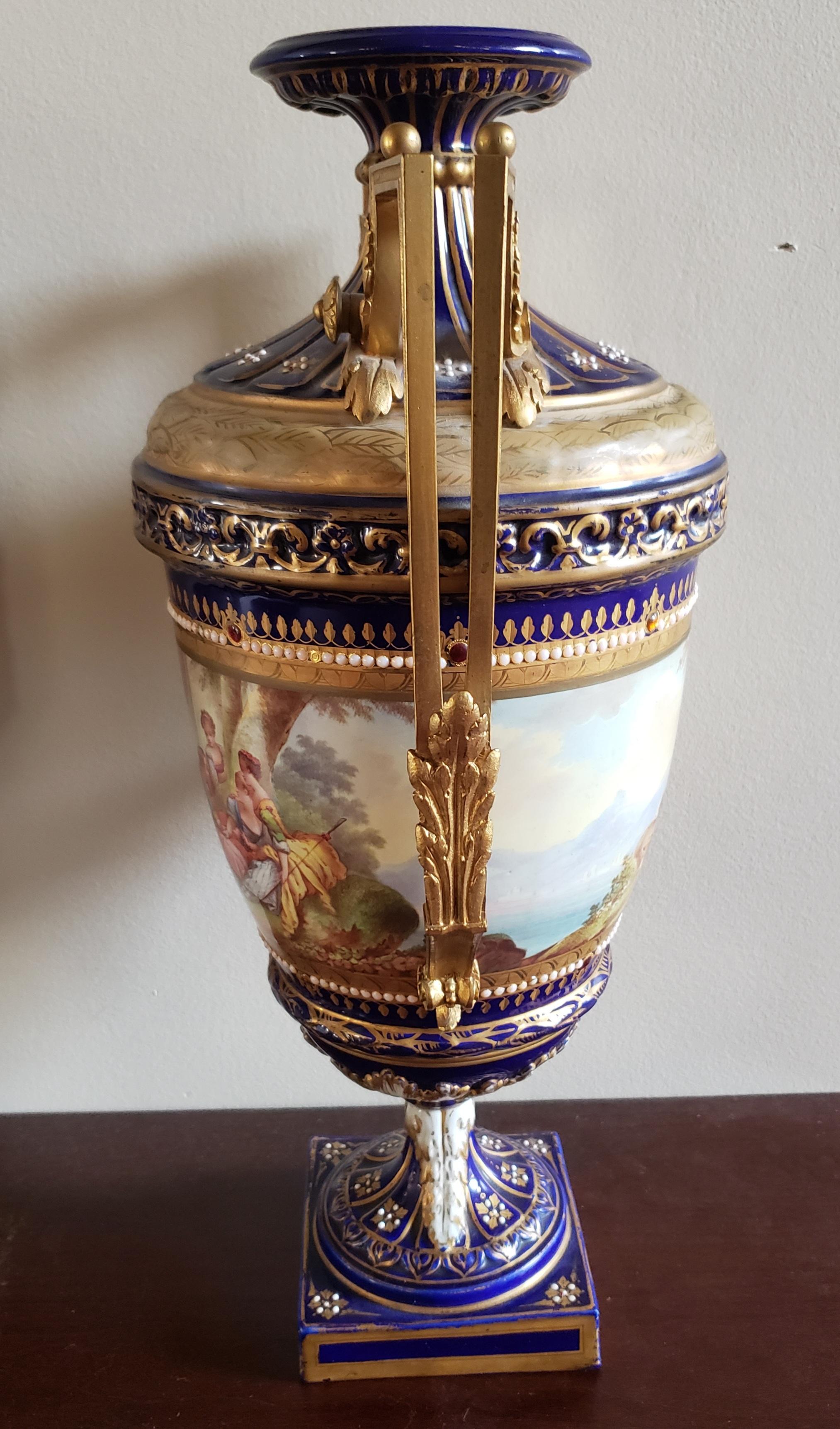 Pair of 19th Century Sevres Porcelain Hand Painted Cobalt & Gilt Decorated Urns For Sale 1