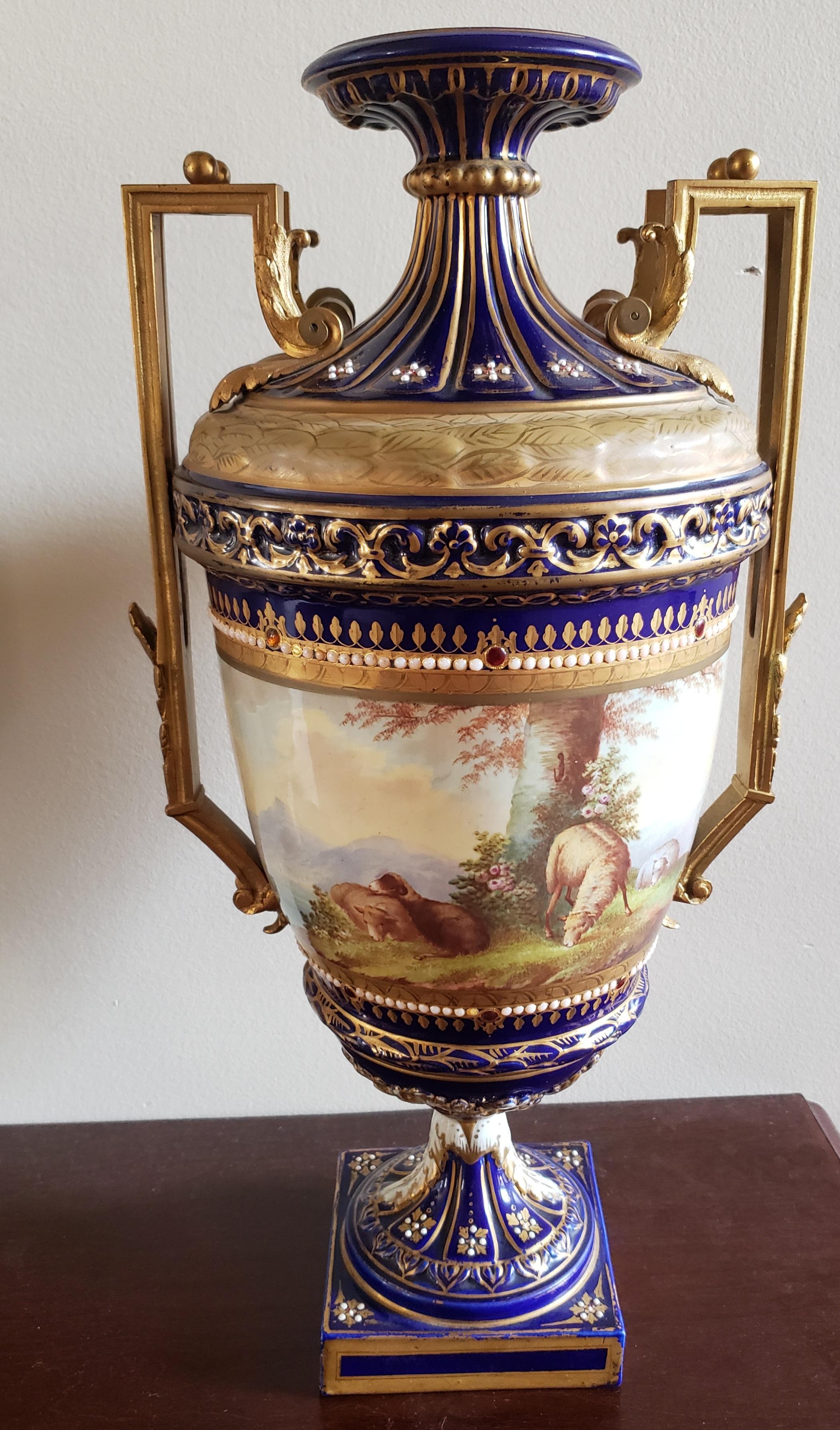 Pair of 19th Century Sevres Porcelain Hand Painted Cobalt & Gilt Decorated Urns For Sale 2