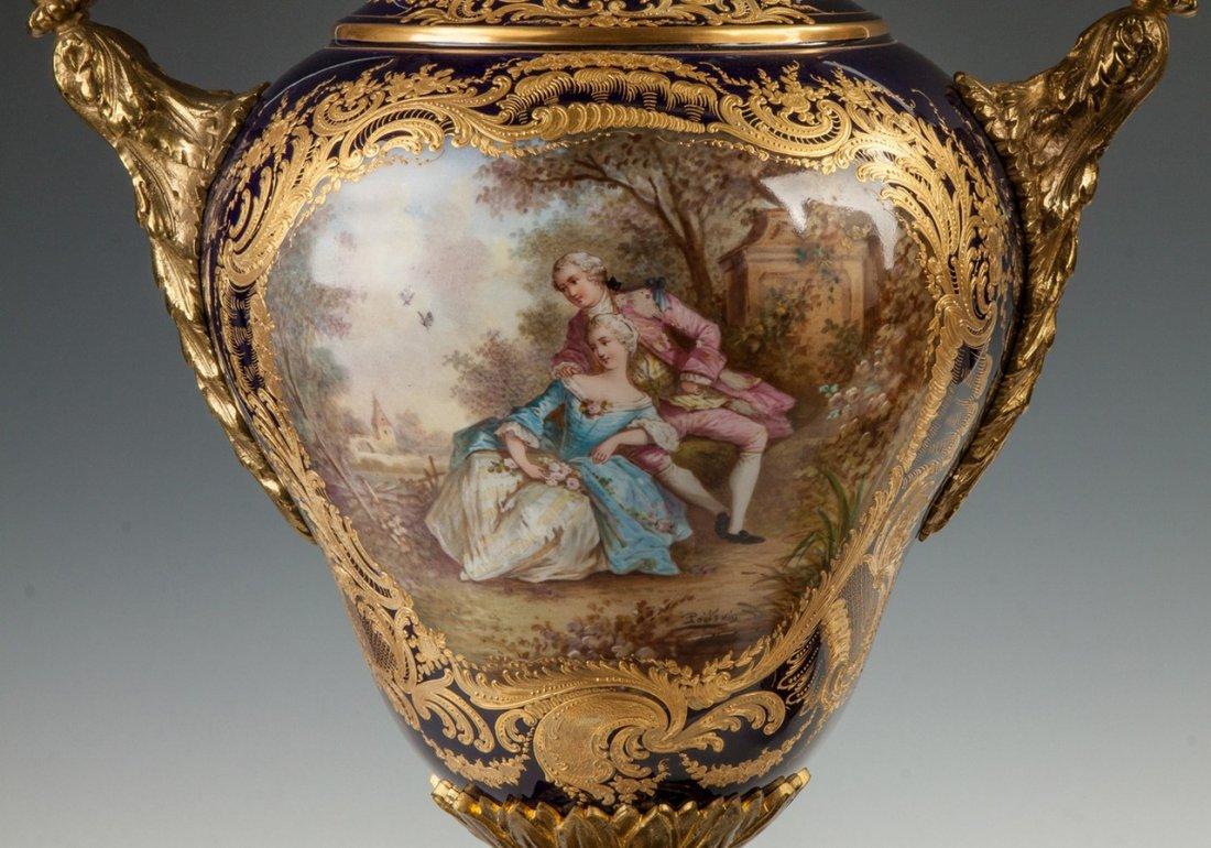 Gilt Pair of 19th Century Sèvres Style Cobalt Blue Painted Porcelain Urns