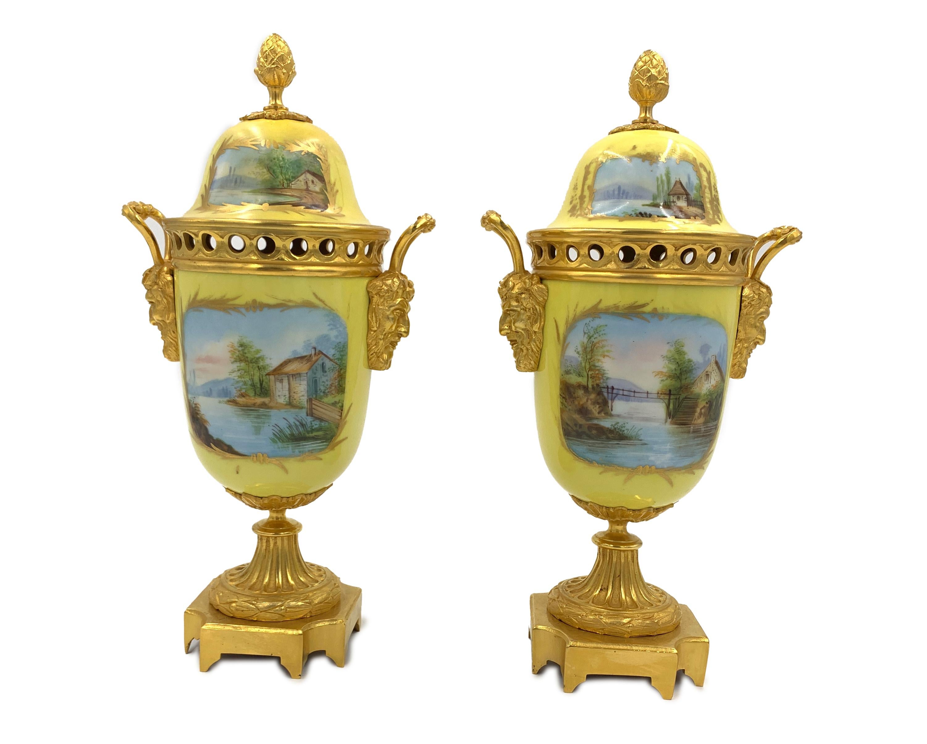 French Pair of 19th Century Sevres Style Porcelain and Ormolu Lidded Vases