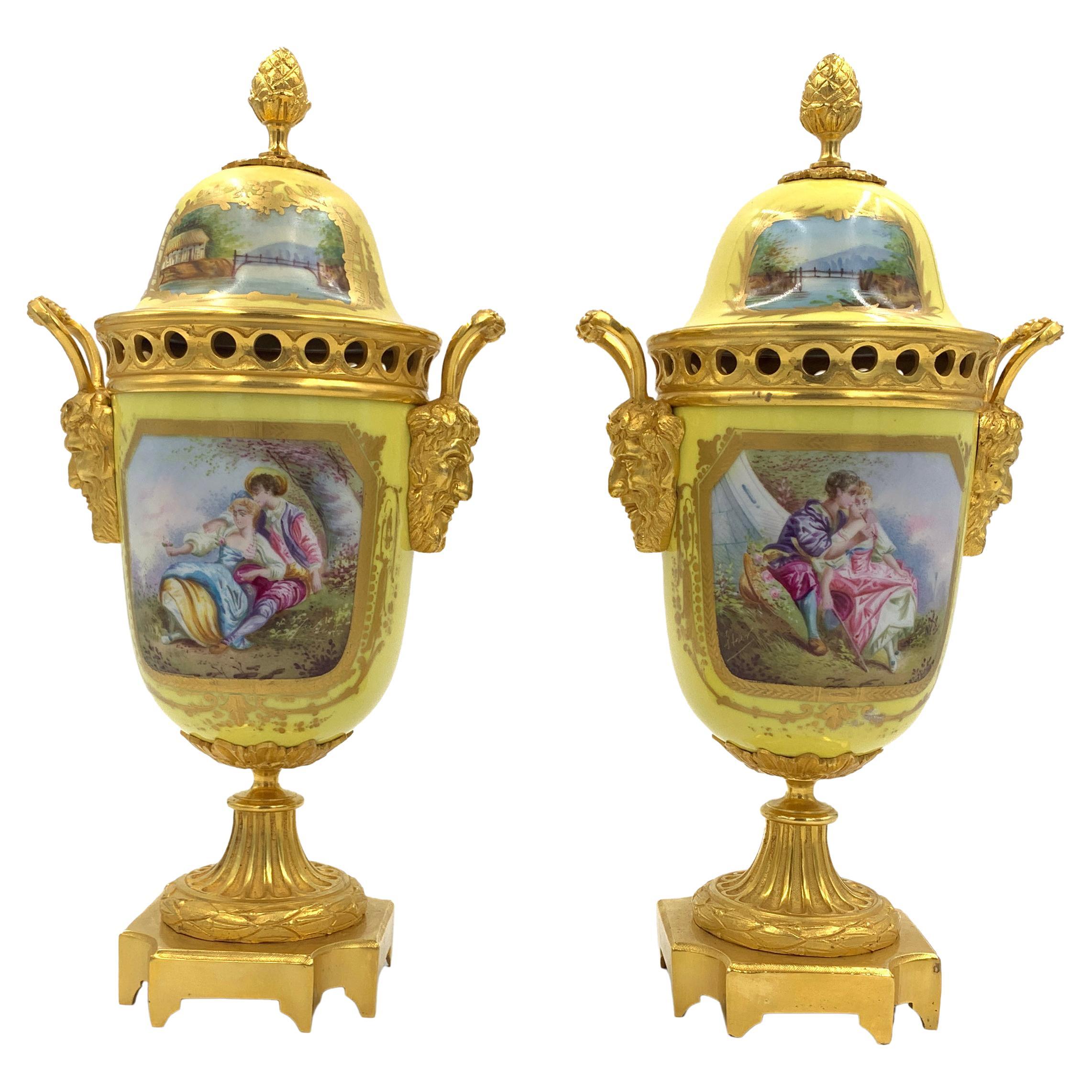 Pair of 19th Century Sevres Style Porcelain and Ormolu Lidded Vases