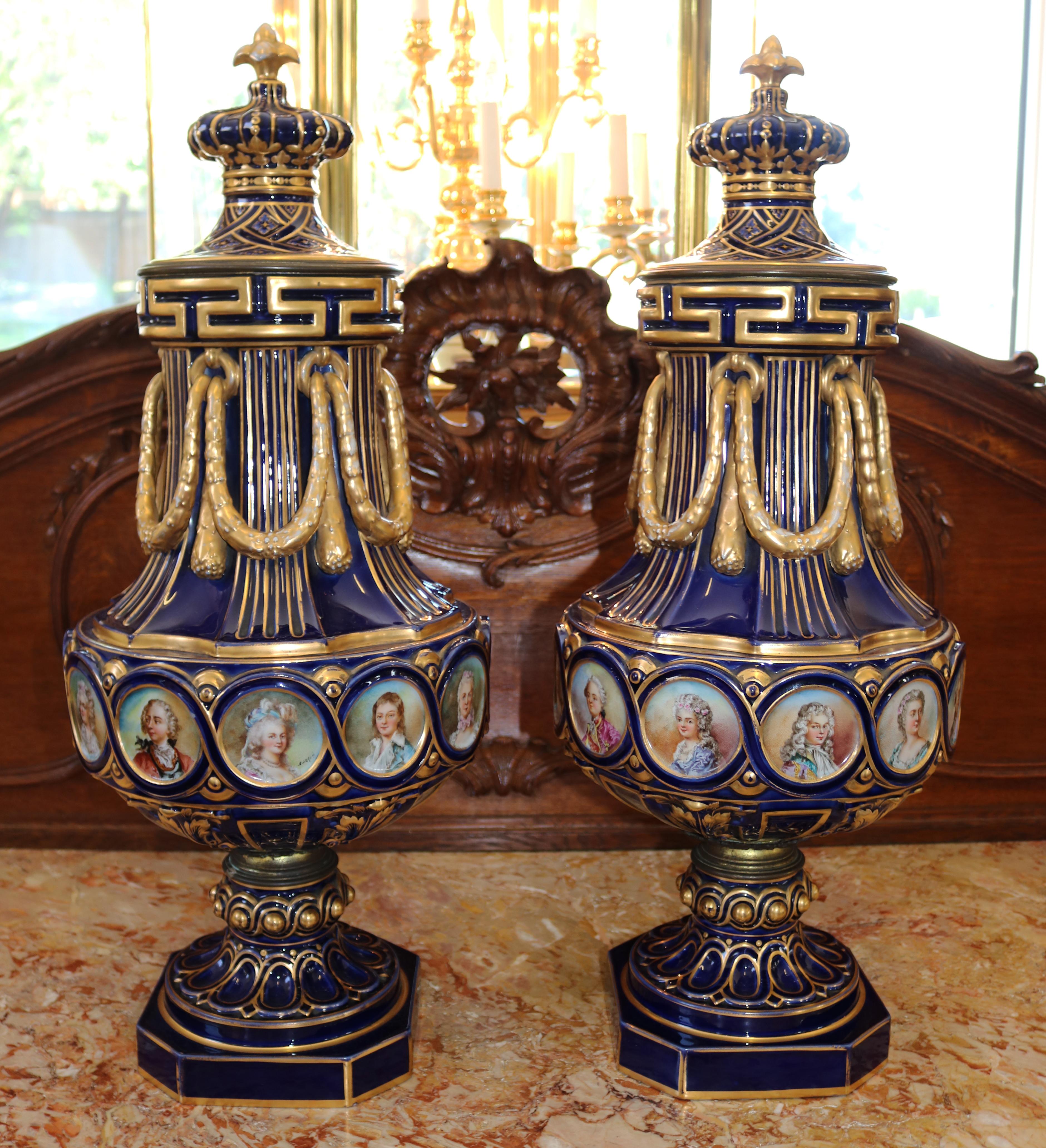 Louis XV Pair of 19th Century Sevres Style Vases After The Sevres Vase Grec A Ornements For Sale