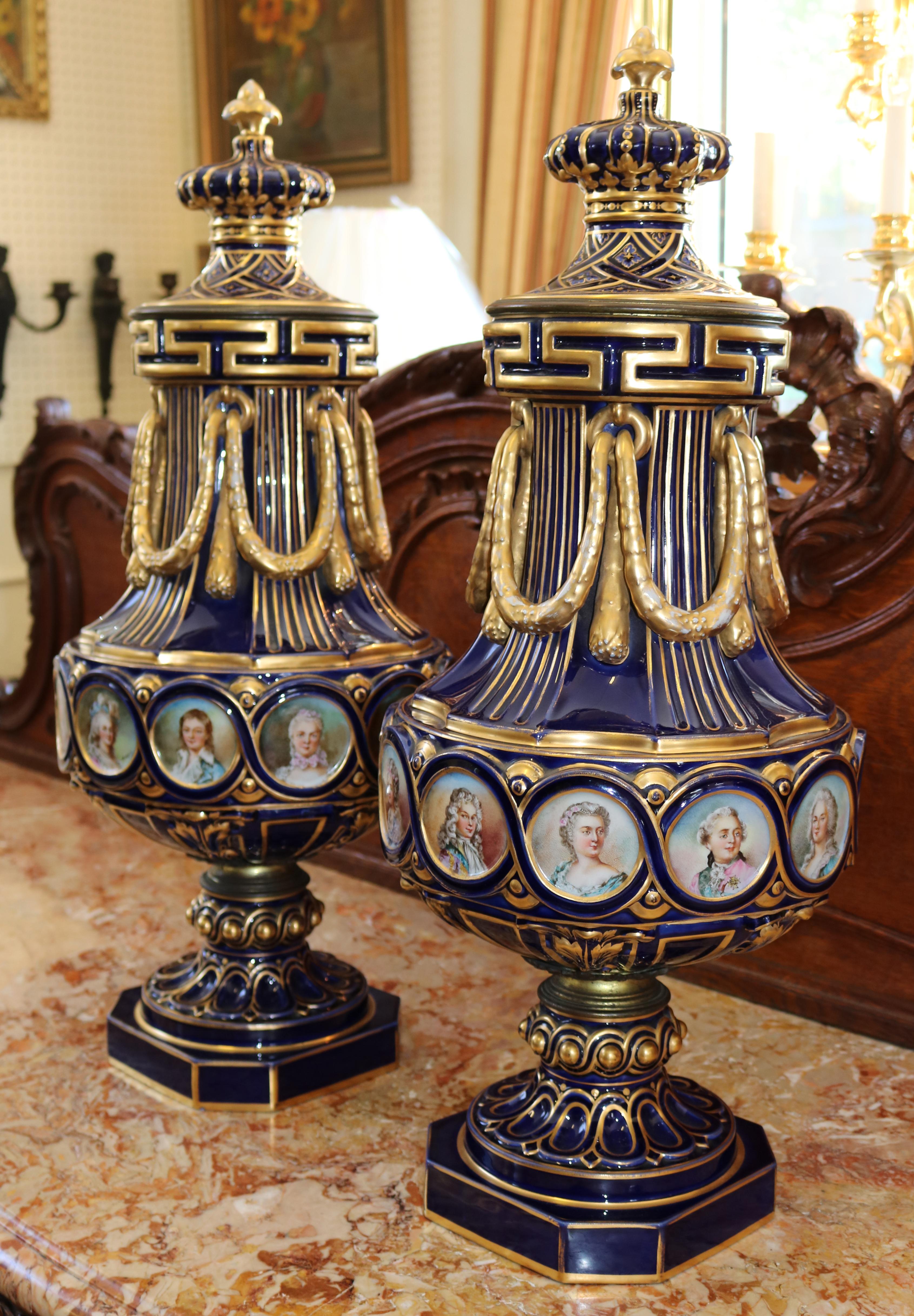 Painted Pair of 19th Century Sevres Style Vases After The Sevres Vase Grec A Ornements For Sale