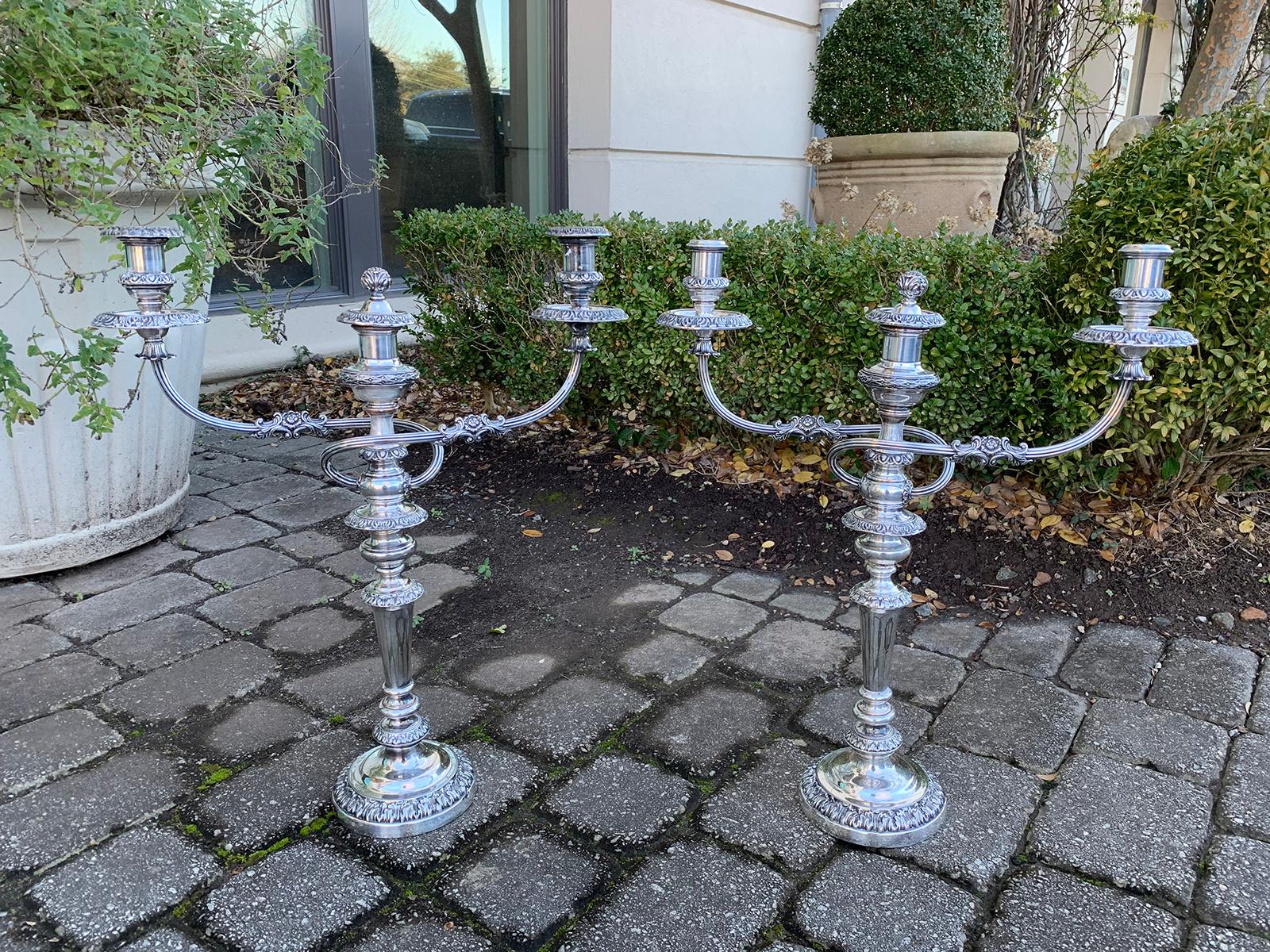 English Pair of 19th Century Sheffield Silvered Two-Arm Candelabras For Sale