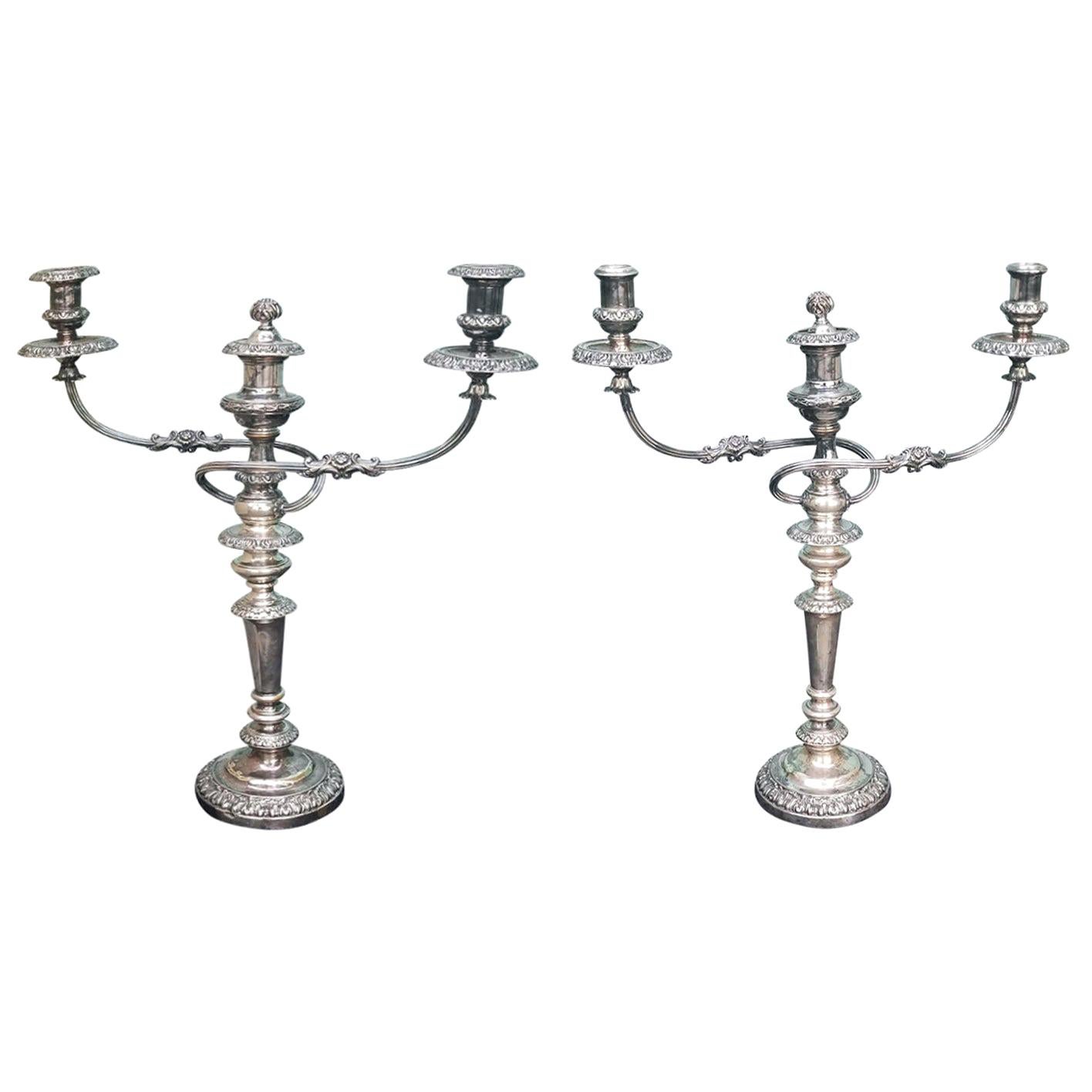 Pair of 19th Century Sheffield Silvered Two-Arm Candelabras For Sale