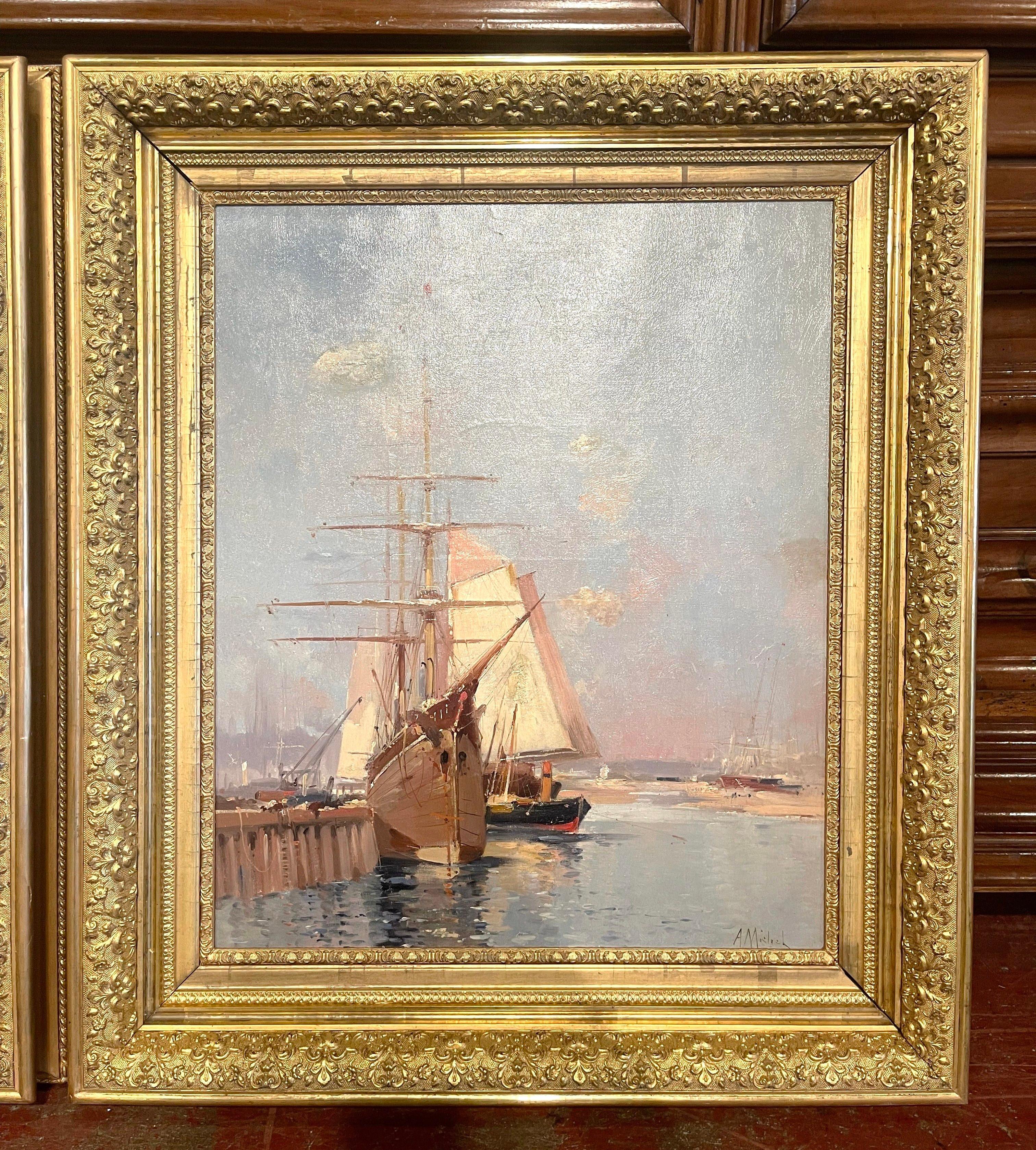 Carved Pair of 19th Century Ship Oil Paintings Signed A. Michel for E. Galien-Laloue