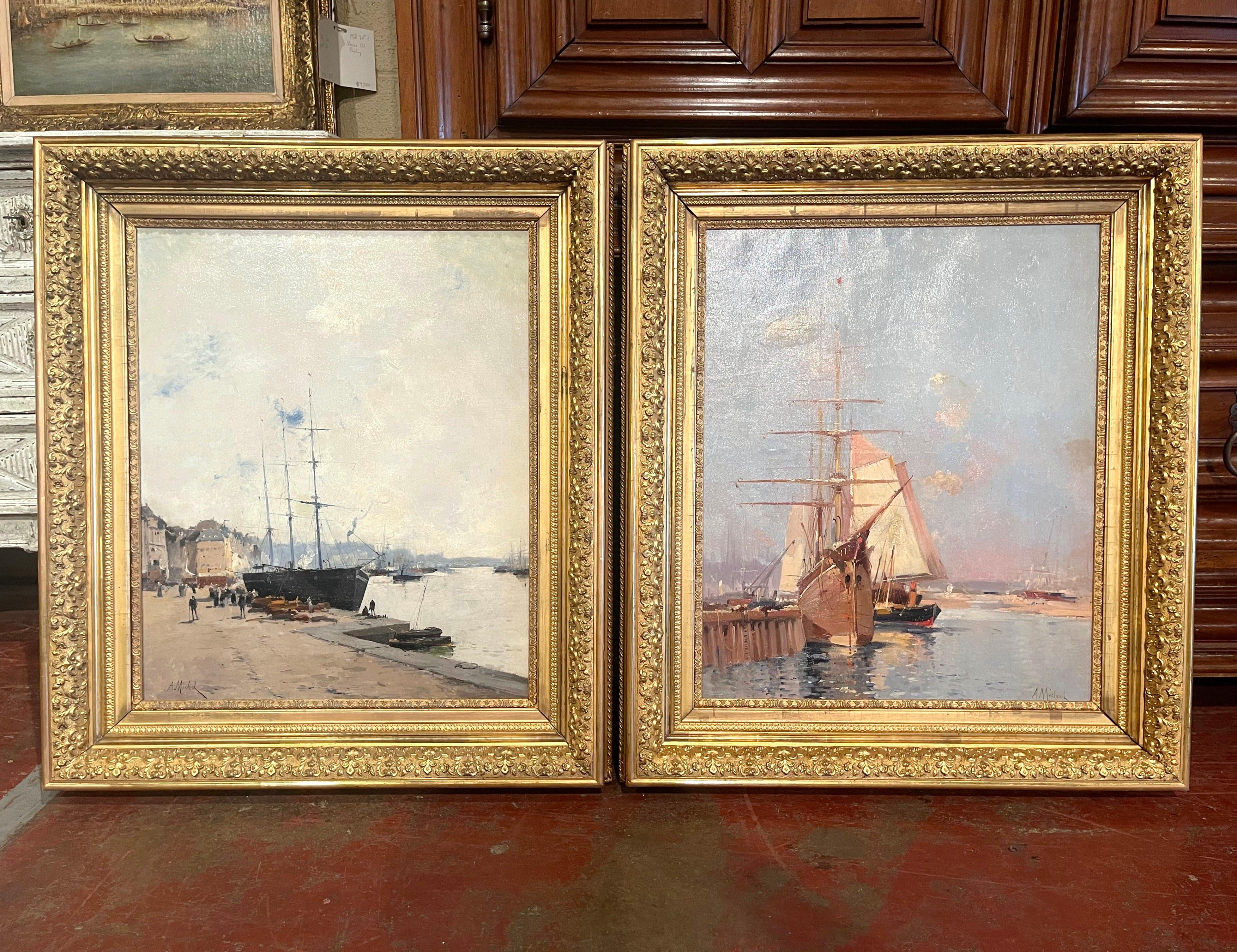 Canvas Pair of 19th Century Ship Oil Paintings Signed A. Michel for E. Galien-Laloue