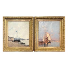 Coppia di dipinti a olio su navi del XIX secolo firmati A. Michel per E. Galien-Laloue