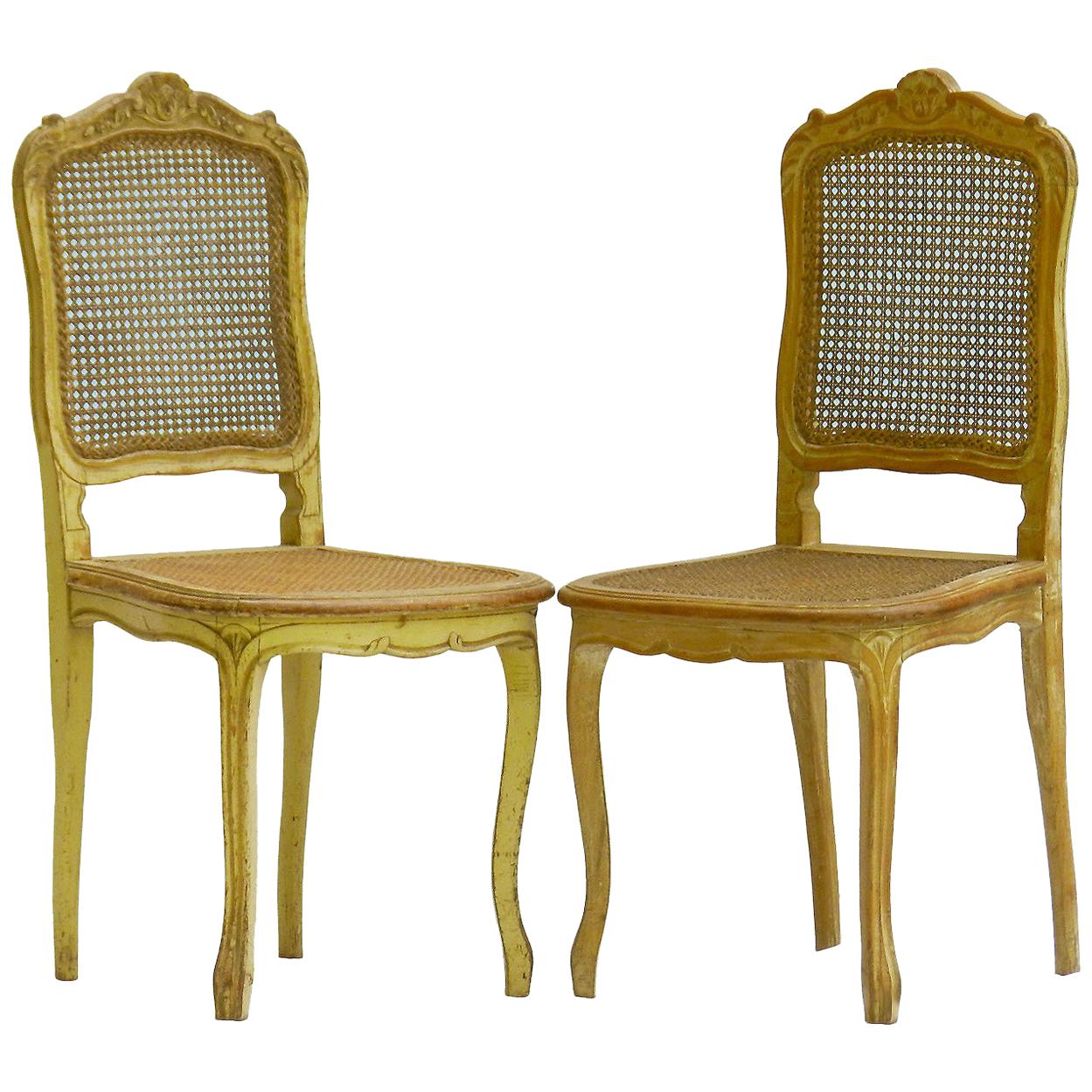 Pair of 19th Century Side Chairs French Louis XV Revival Original Paint Caned