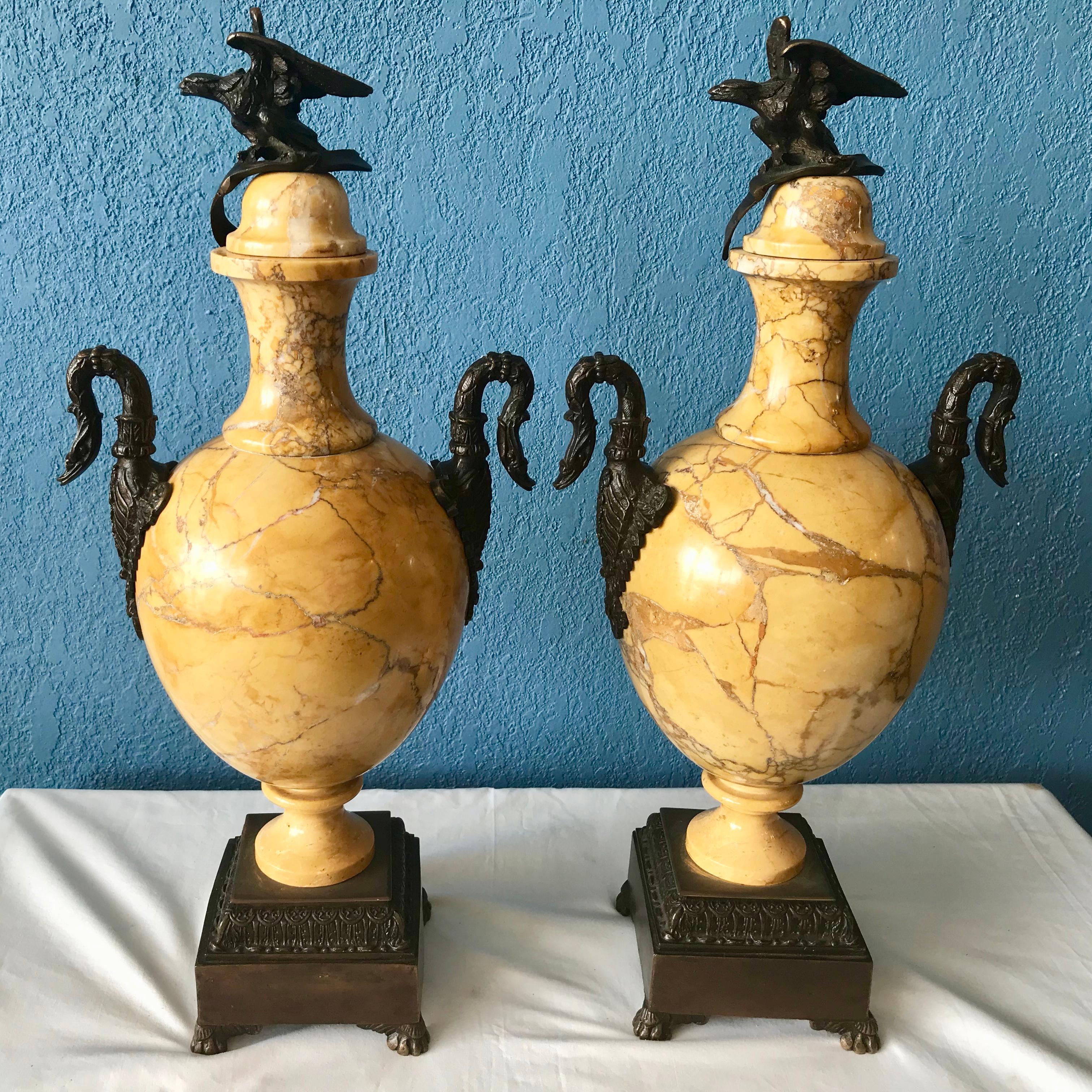 Pair of 19th Century Sienna Marble and Bronze Urns For Sale 6