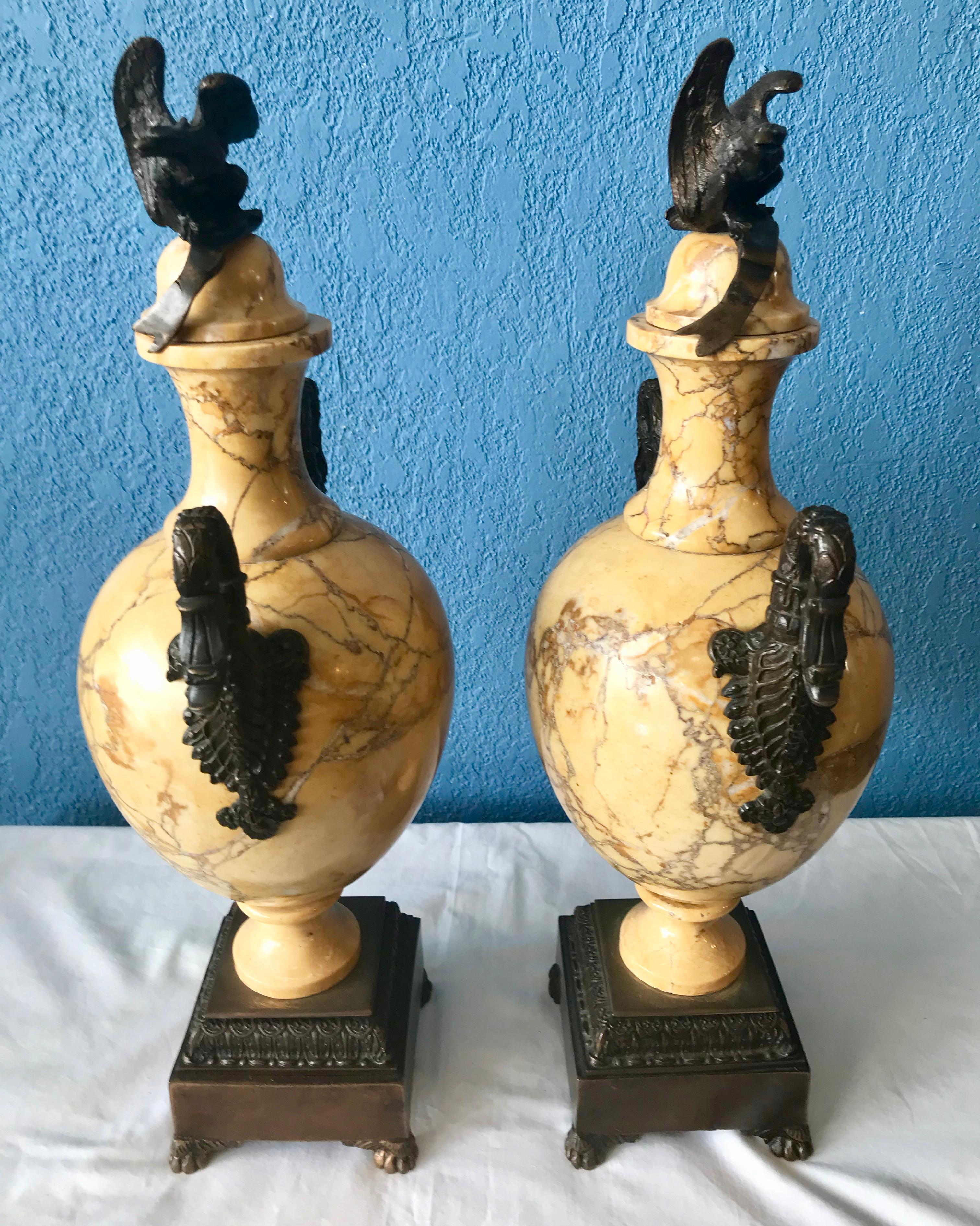 Pair of 19th Century Sienna Marble and Bronze Urns For Sale 7