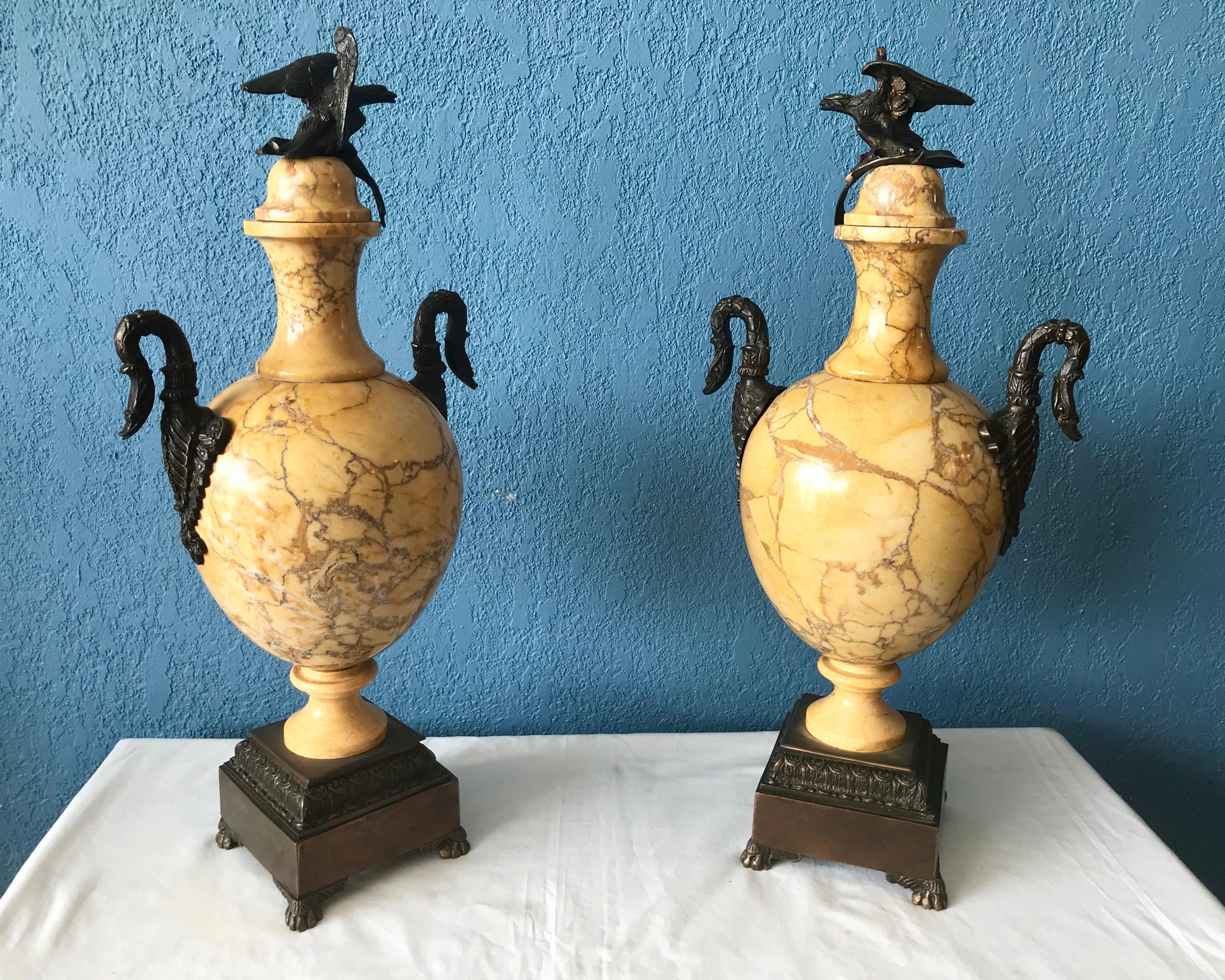 French Pair of 19th Century Sienna Marble and Bronze Urns For Sale