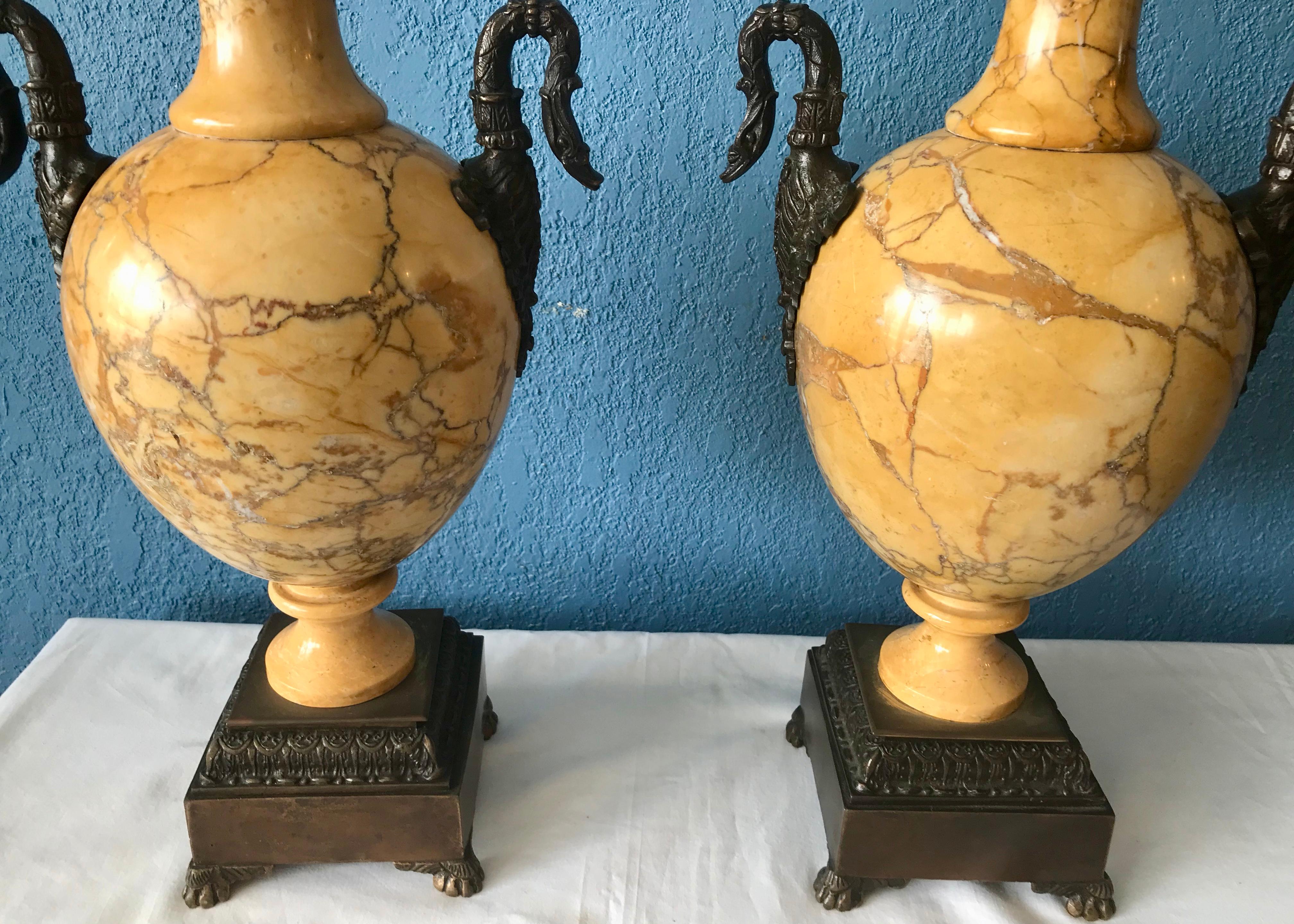 Pair of 19th Century Sienna Marble and Bronze Urns For Sale 4