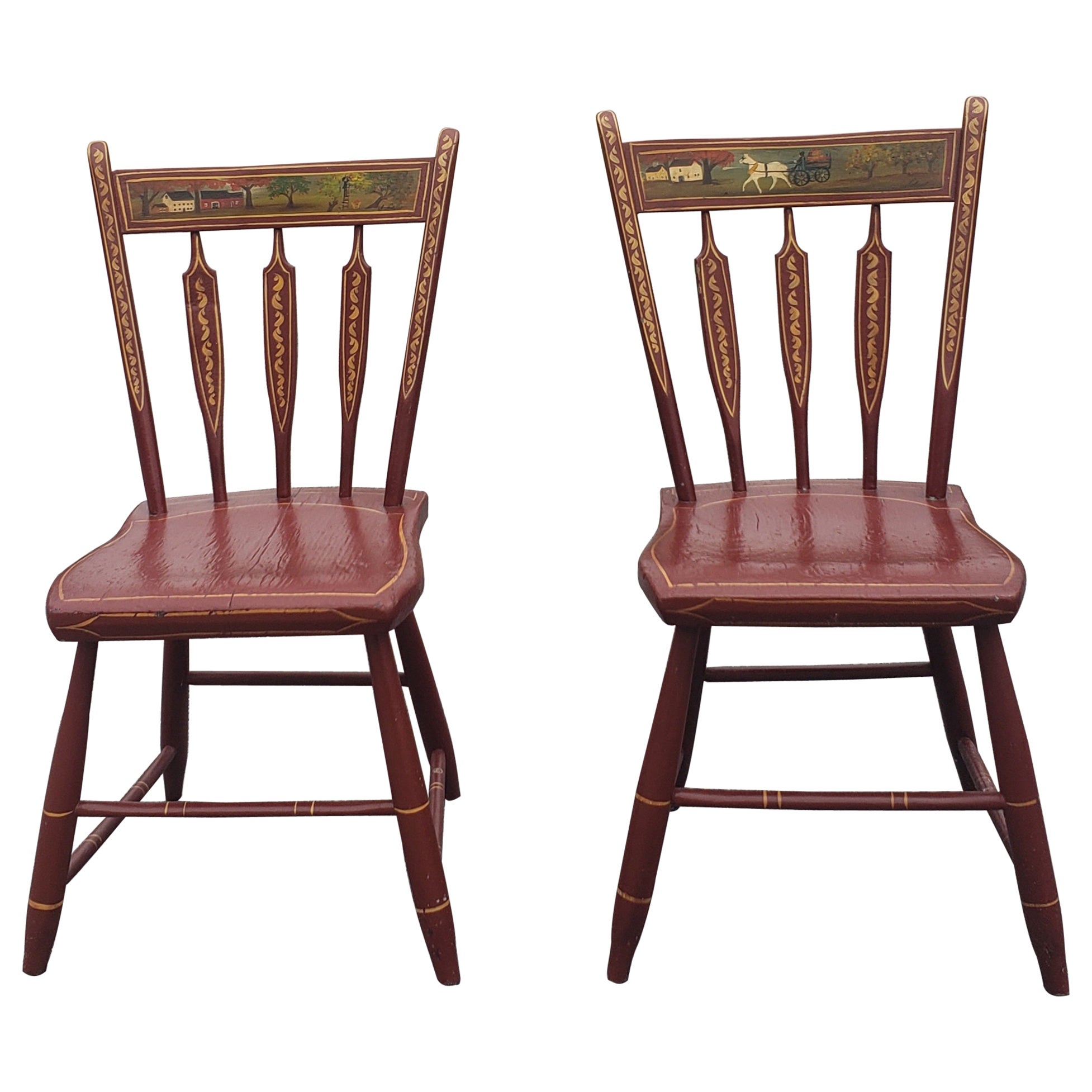 Coppia del XIX secolo. Sedie laterali con sedile in legno dipinte e decorate a mano e firmate