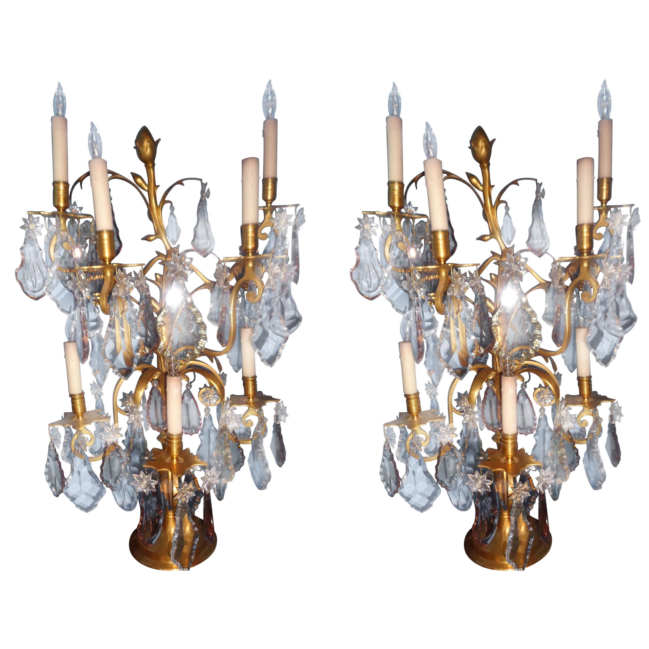 Pair of 19th Century Signed Jansen Girondoles with Colored Baccarat Crystal For Sale