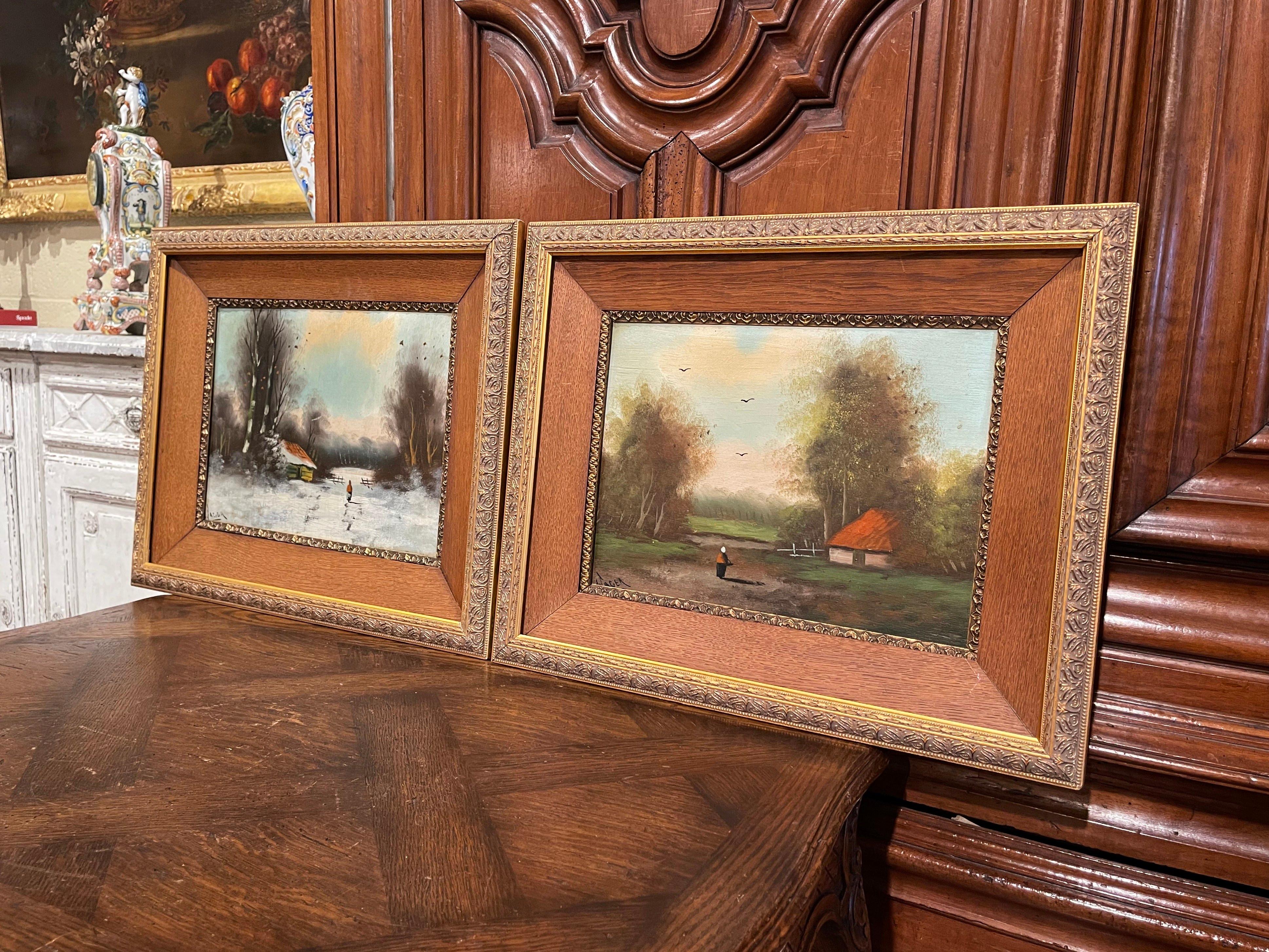 Pair of 19th Century Signed Pastoral Paintings on Board in Oak and Gilt Frames For Sale 6