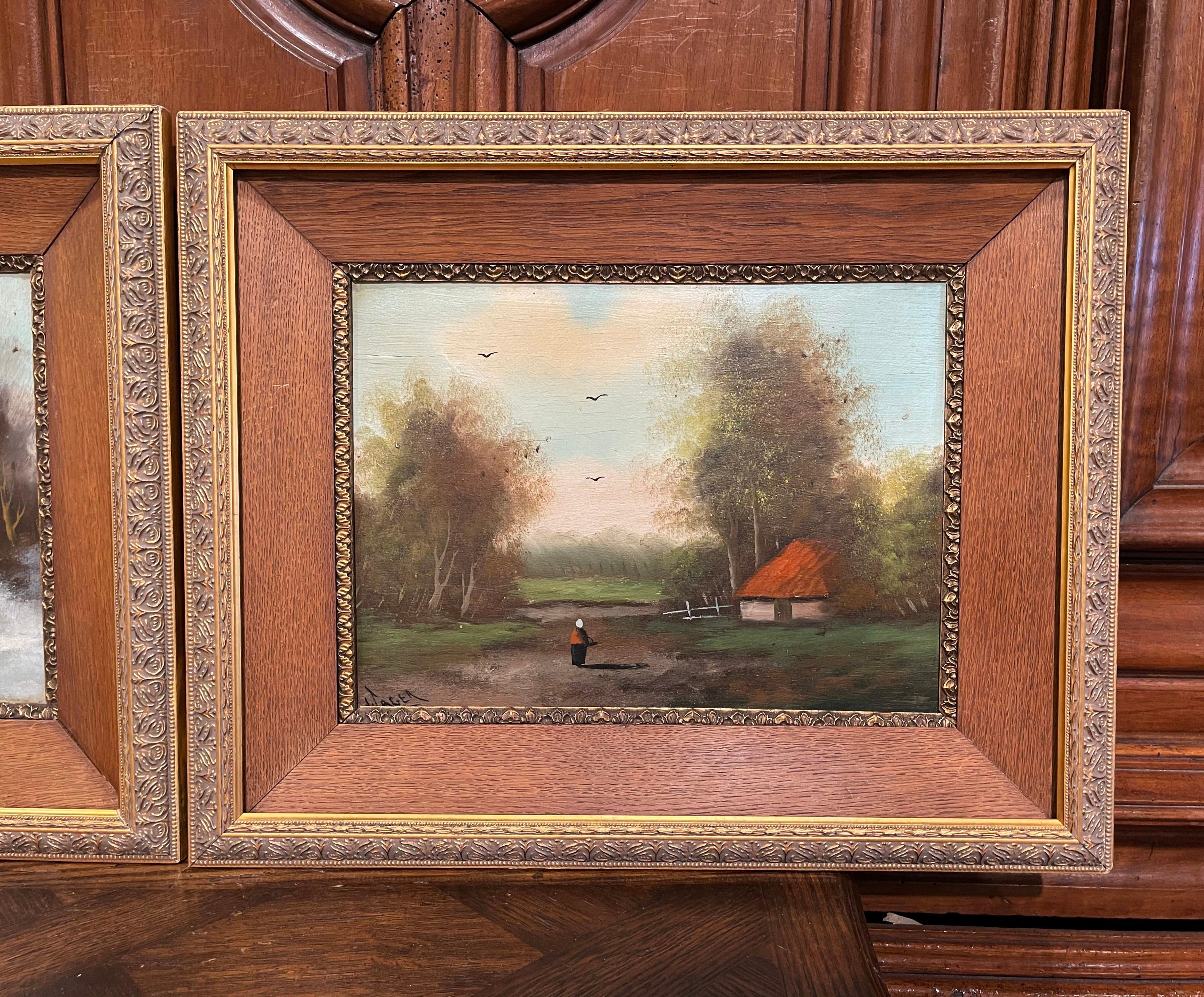 Wood Pair of 19th Century Signed Pastoral Paintings on Board in Oak and Gilt Frames For Sale