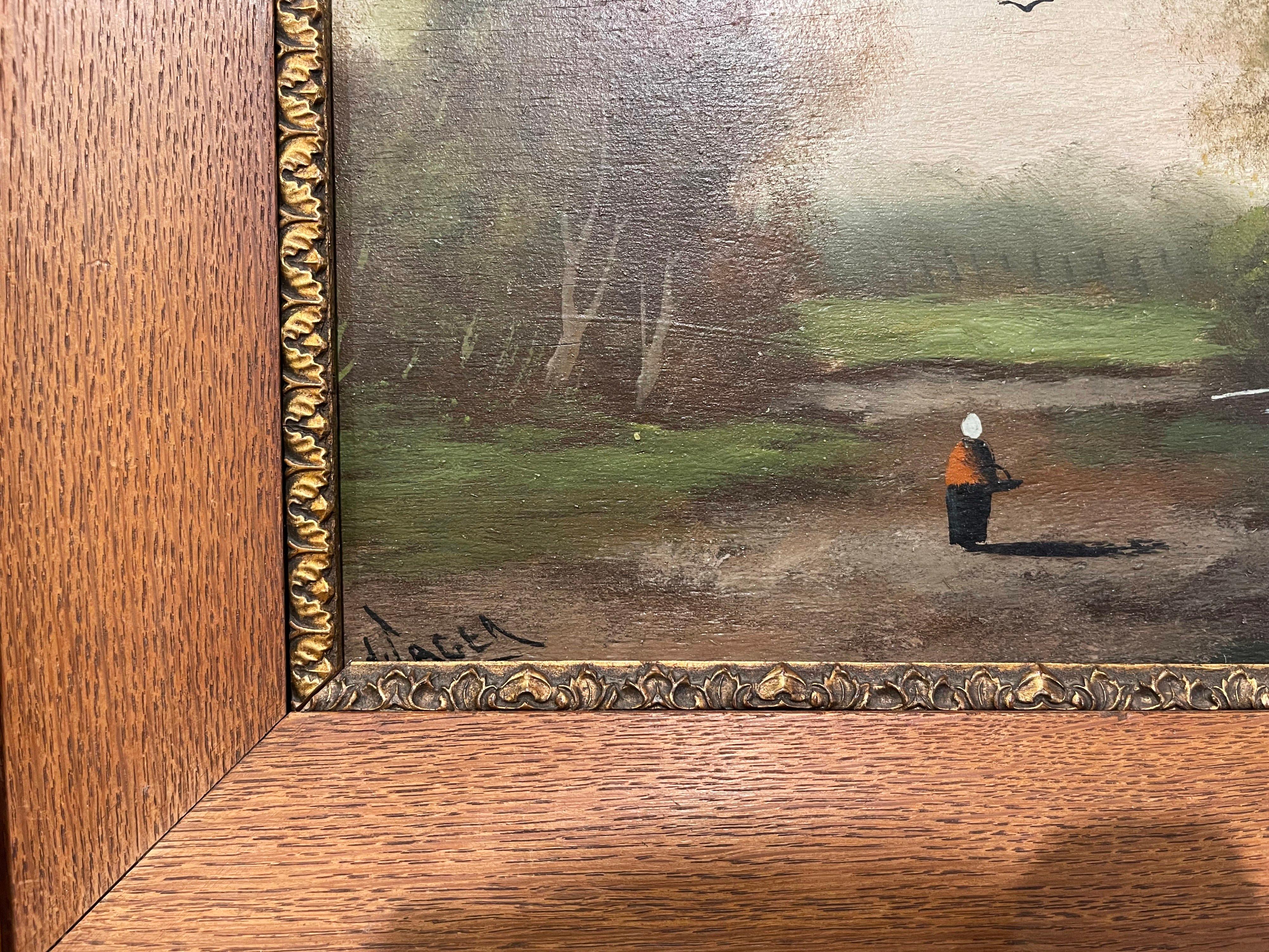 Pair of 19th Century Signed Pastoral Paintings on Board in Oak and Gilt Frames For Sale 2
