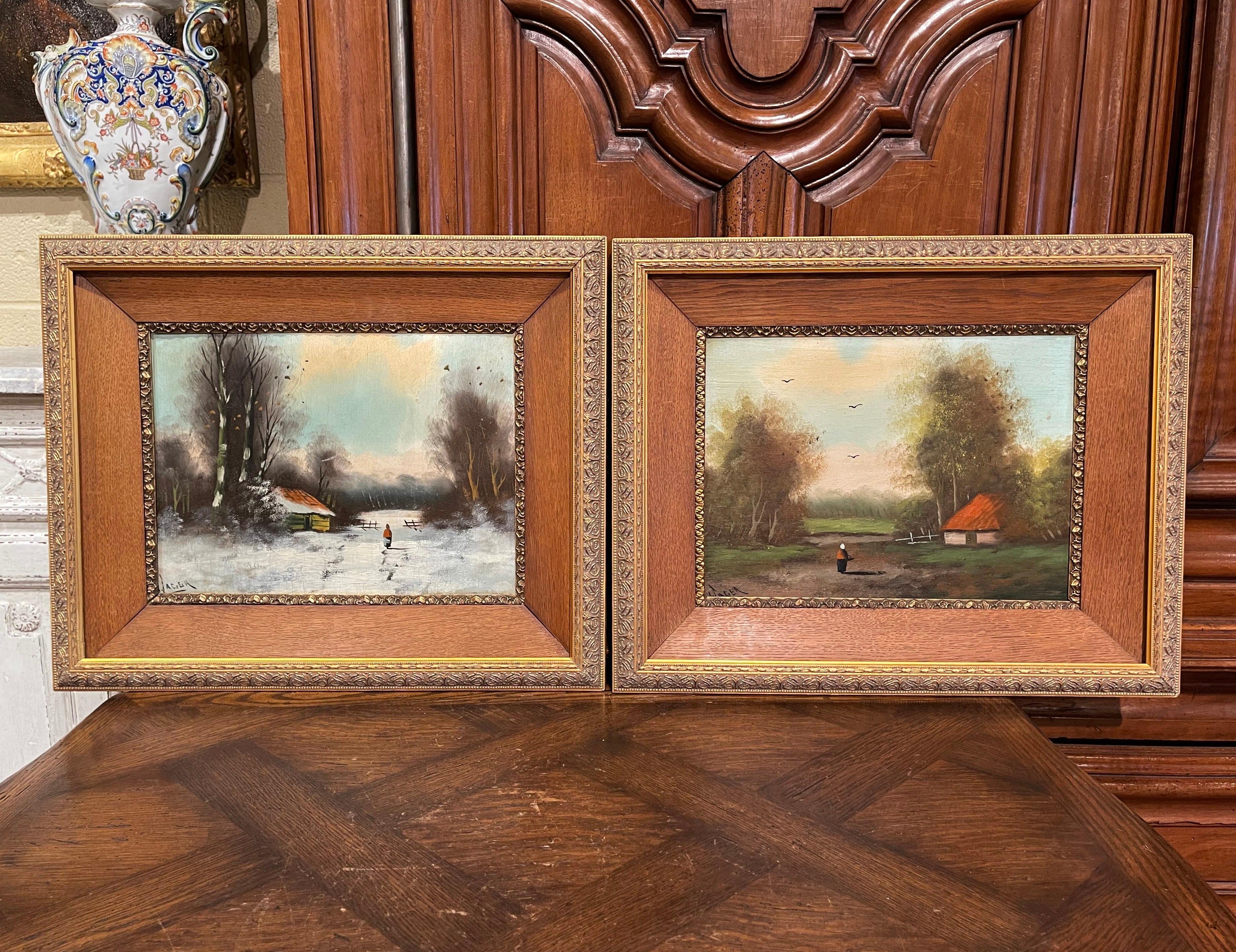 Pair of 19th Century Signed Pastoral Paintings on Board in Oak and Gilt Frames For Sale 3