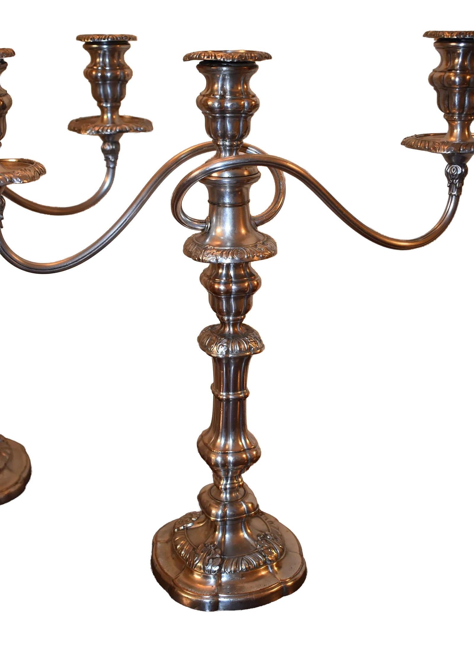 Diese Regency-Kandelaber aus Sheffield aus dem 19. Jahrhundert haben jeweils drei abnehmbare Lichtaufsätze mit Bögen, die über einem stabilen, wohlproportionierten Leuchtersockel angebracht sind und sowohl praktische als auch anmutige Ausgewogenheit