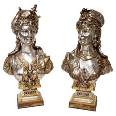 Pair of 19th Century silver +parcel gilt bronze busts of young Orientalist Women