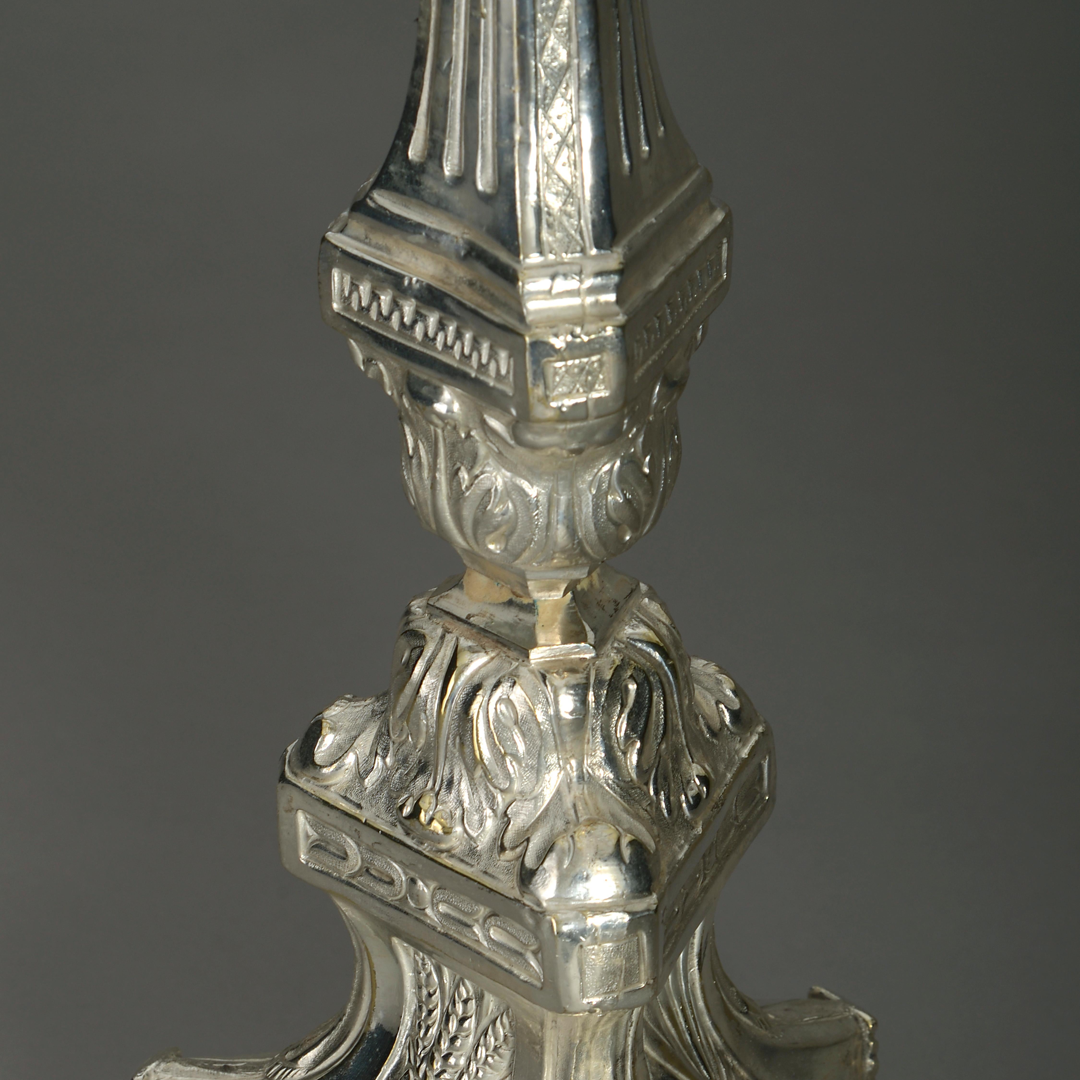 Polished Pair of 19th Century Silvered Baroque Style Candlestick Lamps