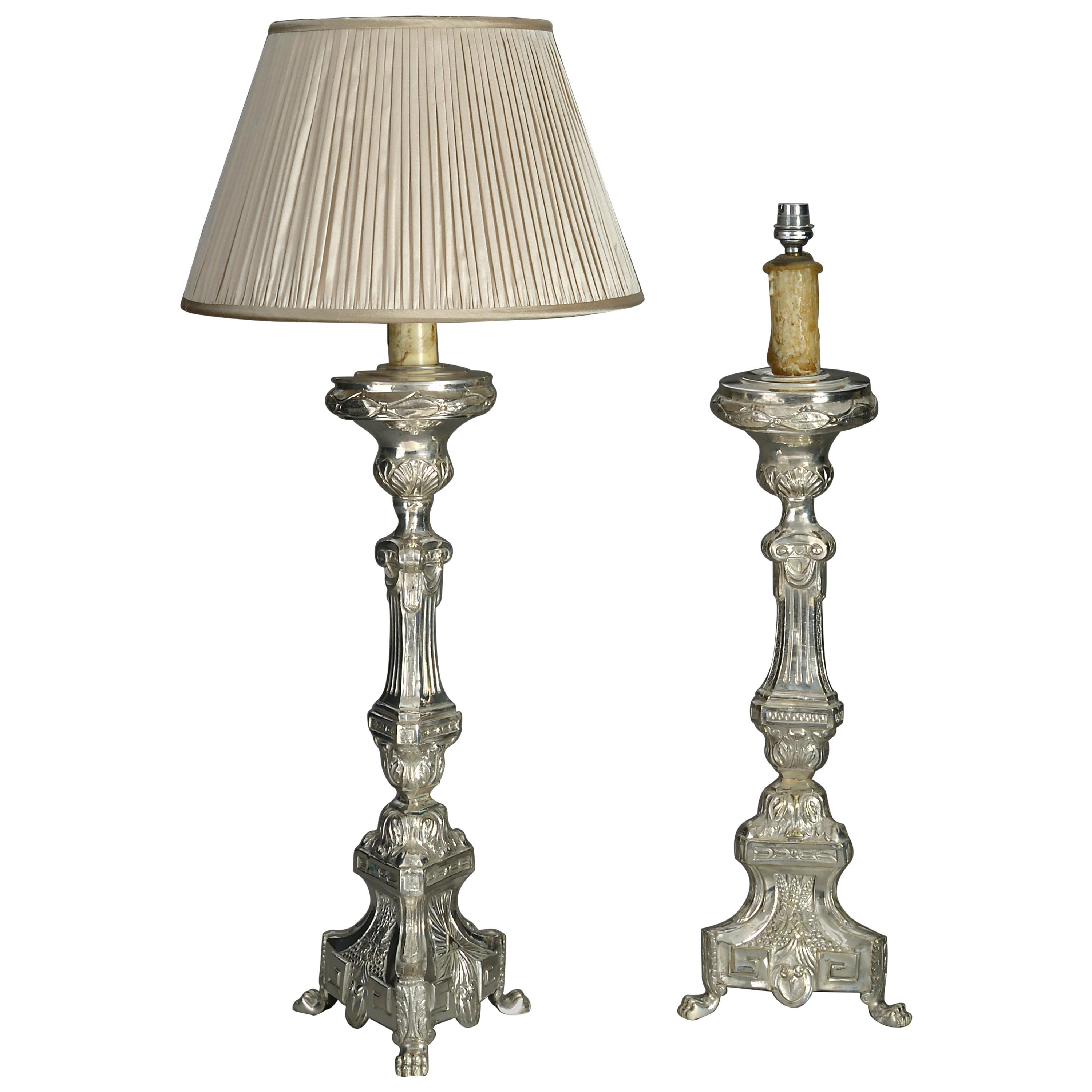 Pair of 19th Century Silvered Baroque Style Candlestick Lamps