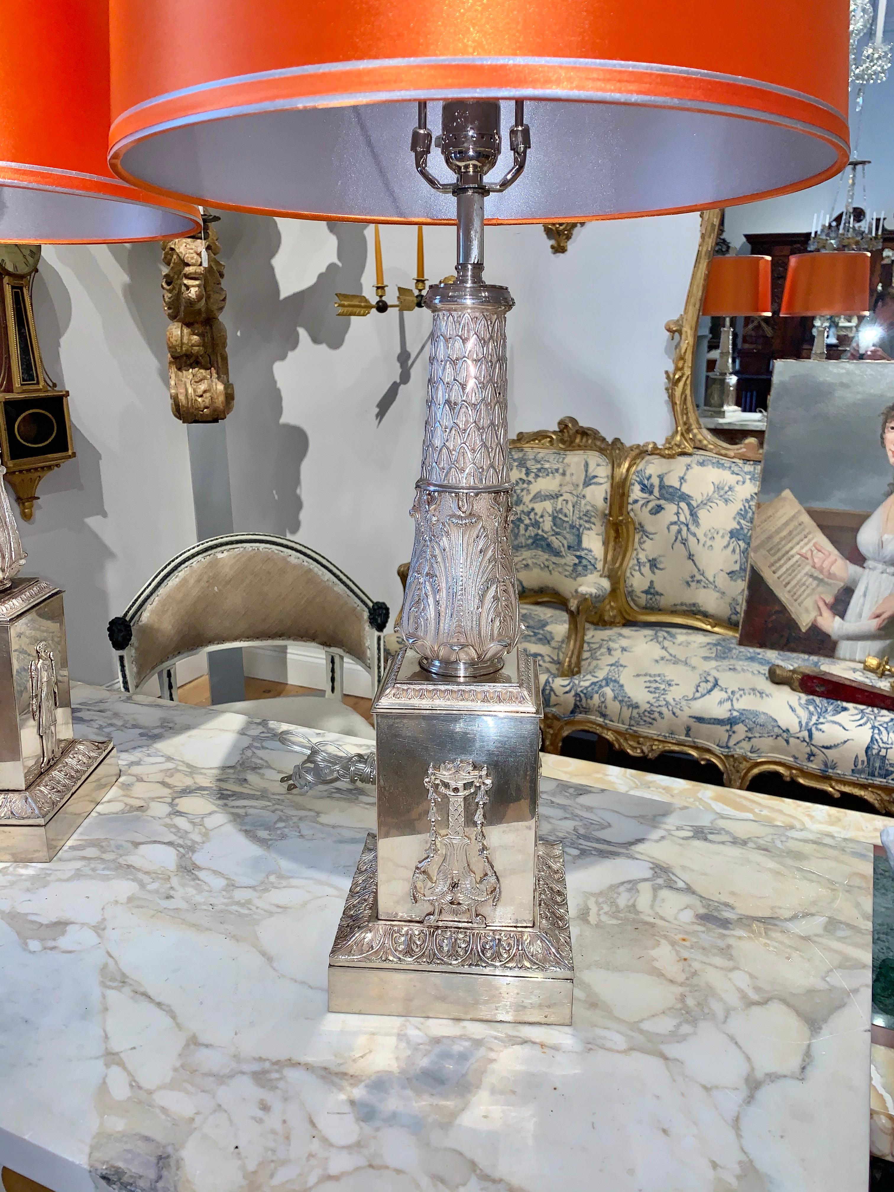 Pair of 19th Century Silvered Bronze Neoclassical Lamps In Good Condition In Essex, MA