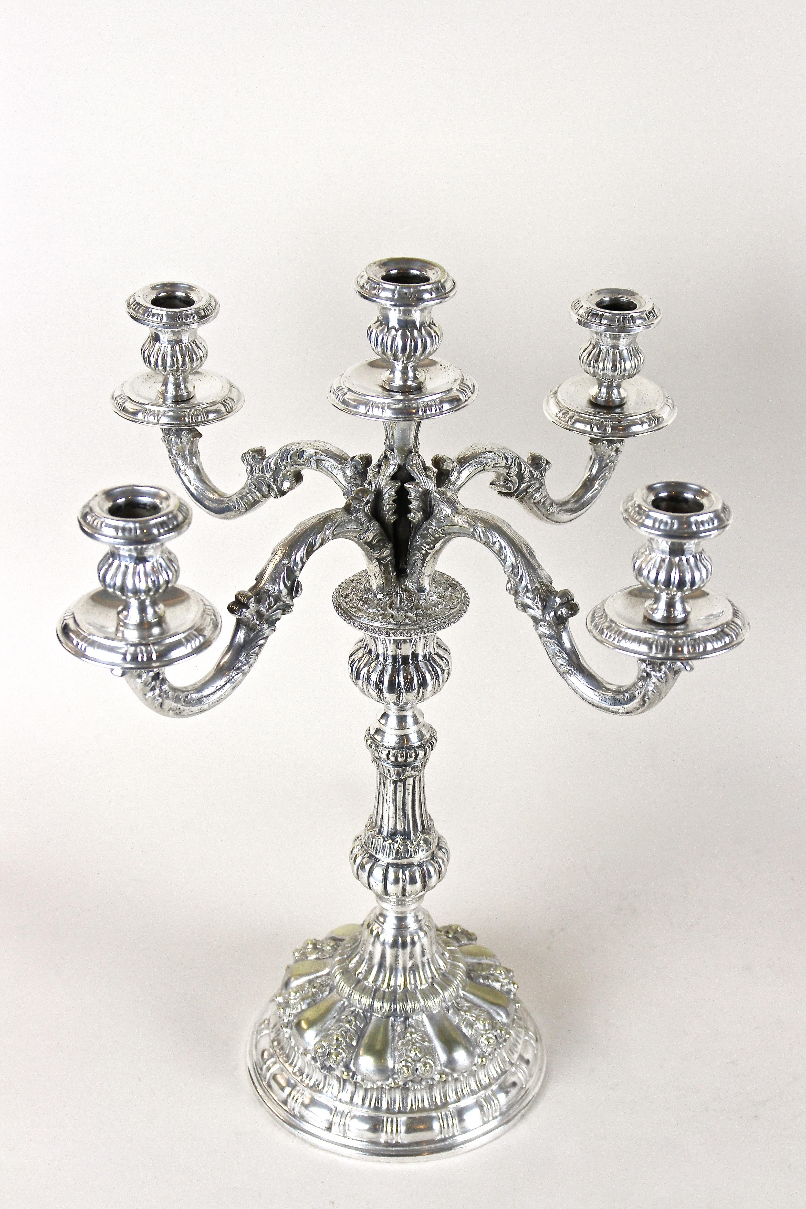 Austrian Pair of 19th Century Silvered Candelabras 5-Armed, Austria, circa 1860