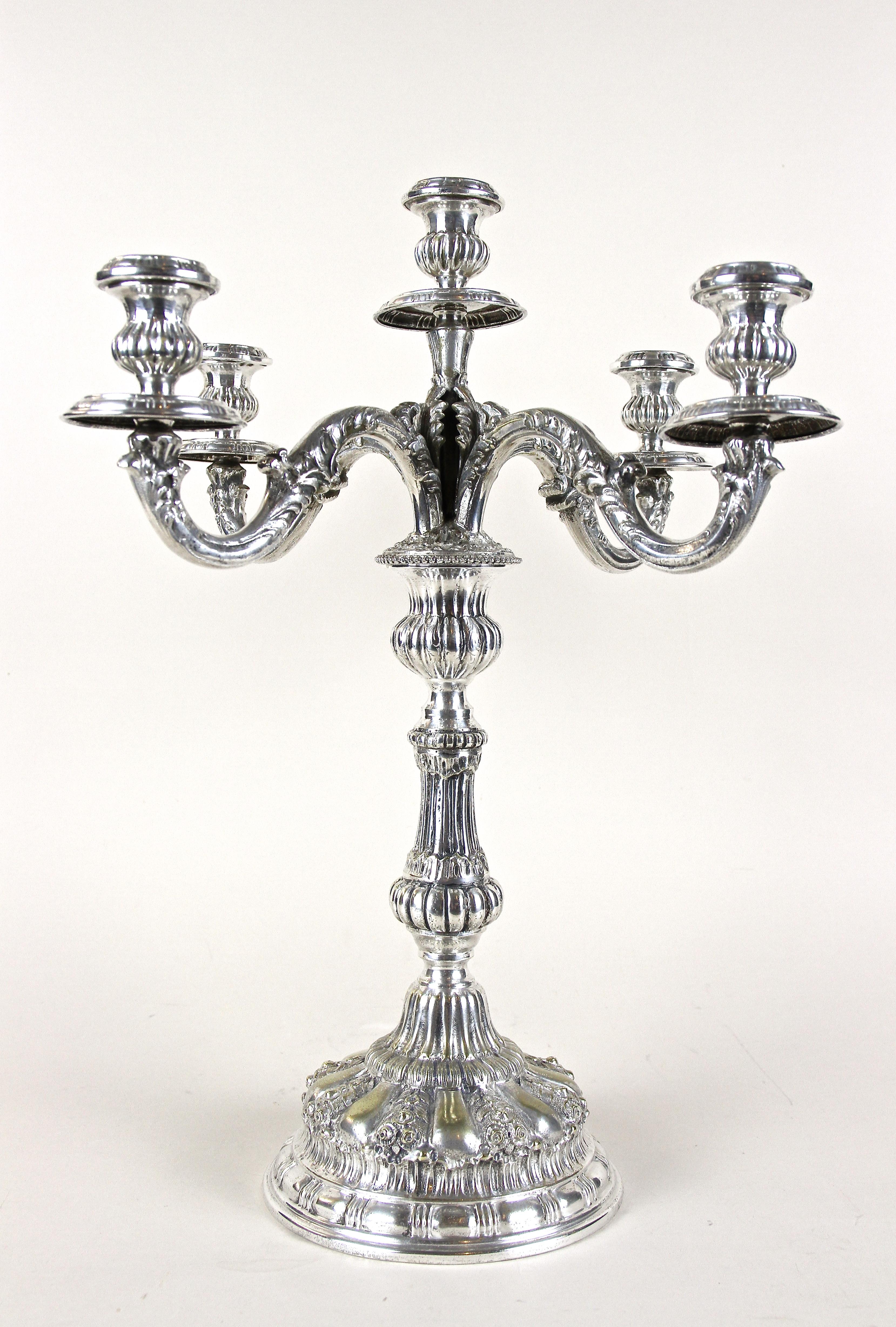 Pair of 19th Century Silvered Candelabras 5-Armed, Austria, circa 1860 For Sale 1