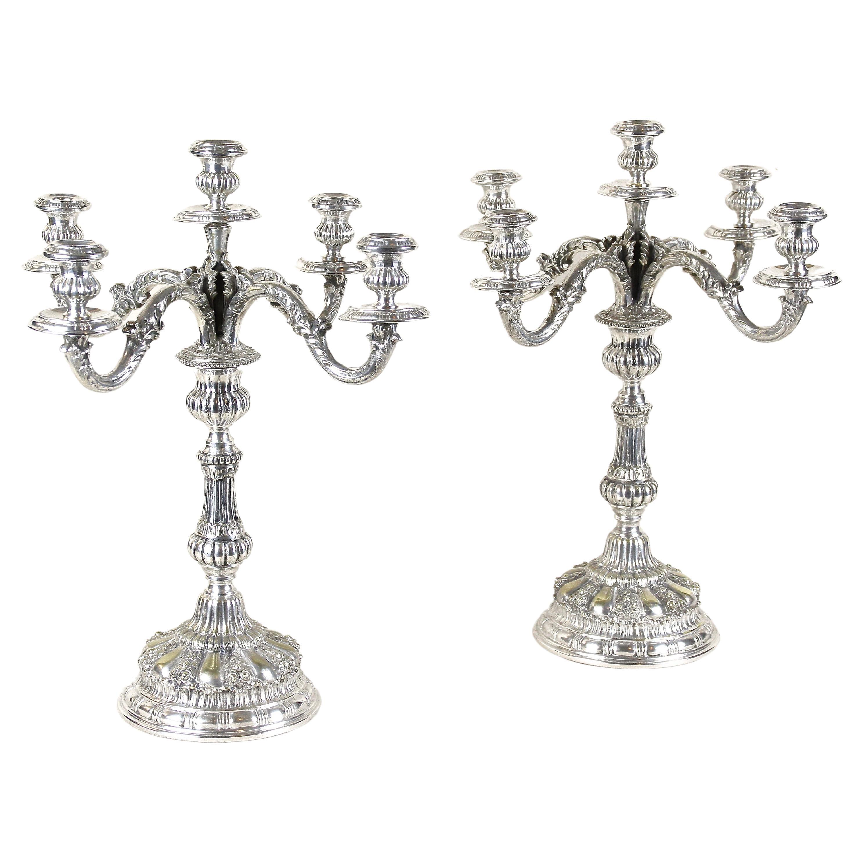 Pair of 19th Century Silvered Candelabras 5-Armed, Austria, circa 1860 For Sale