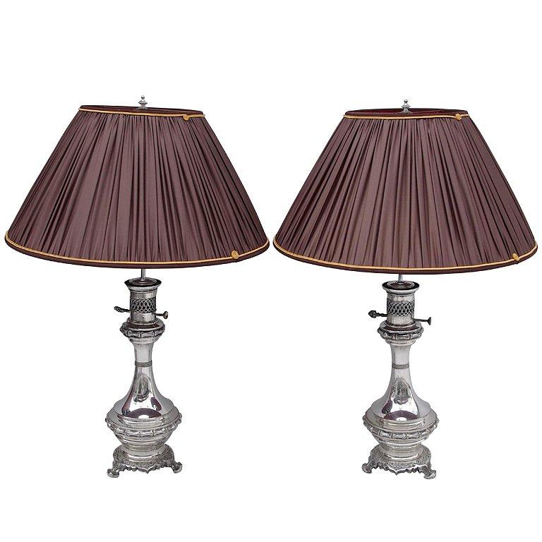Pair Of Silvered Brass and Bronze Lamps, 19th century For Sale