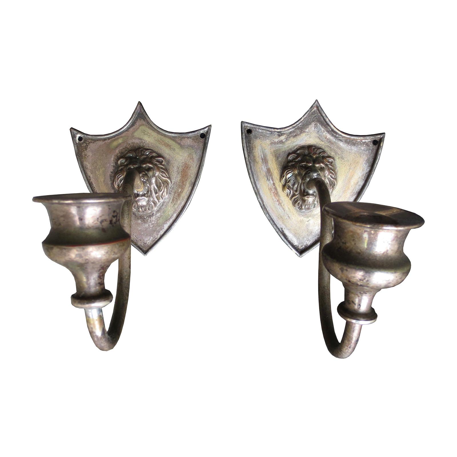 Pair of 19th Century Silvered One-Arm Sconces with Lions Heads