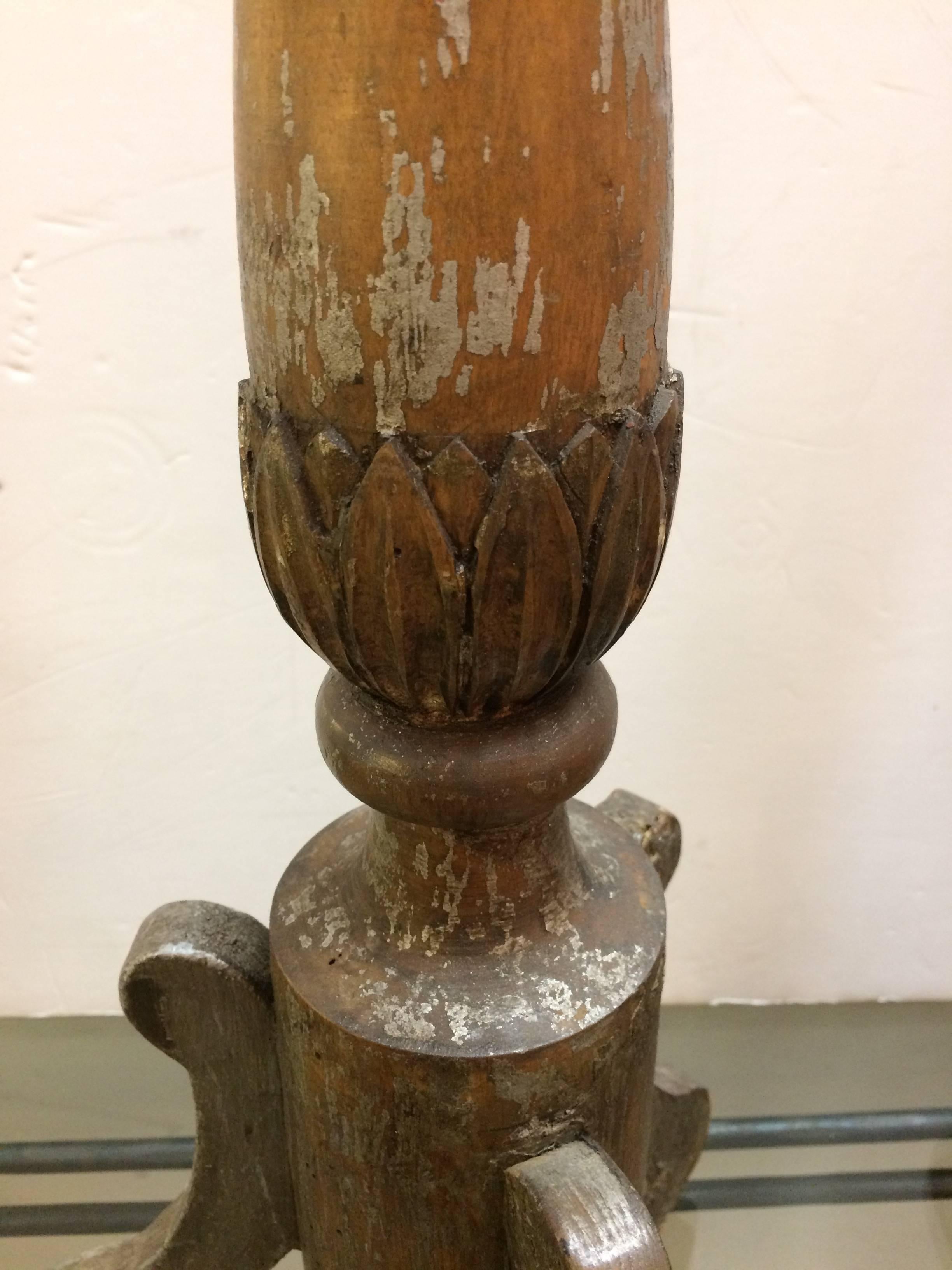 Pair of 19th Century Silverleaf Carved Wood French Pricket Candlesticks In Distressed Condition For Sale In Hopewell, NJ