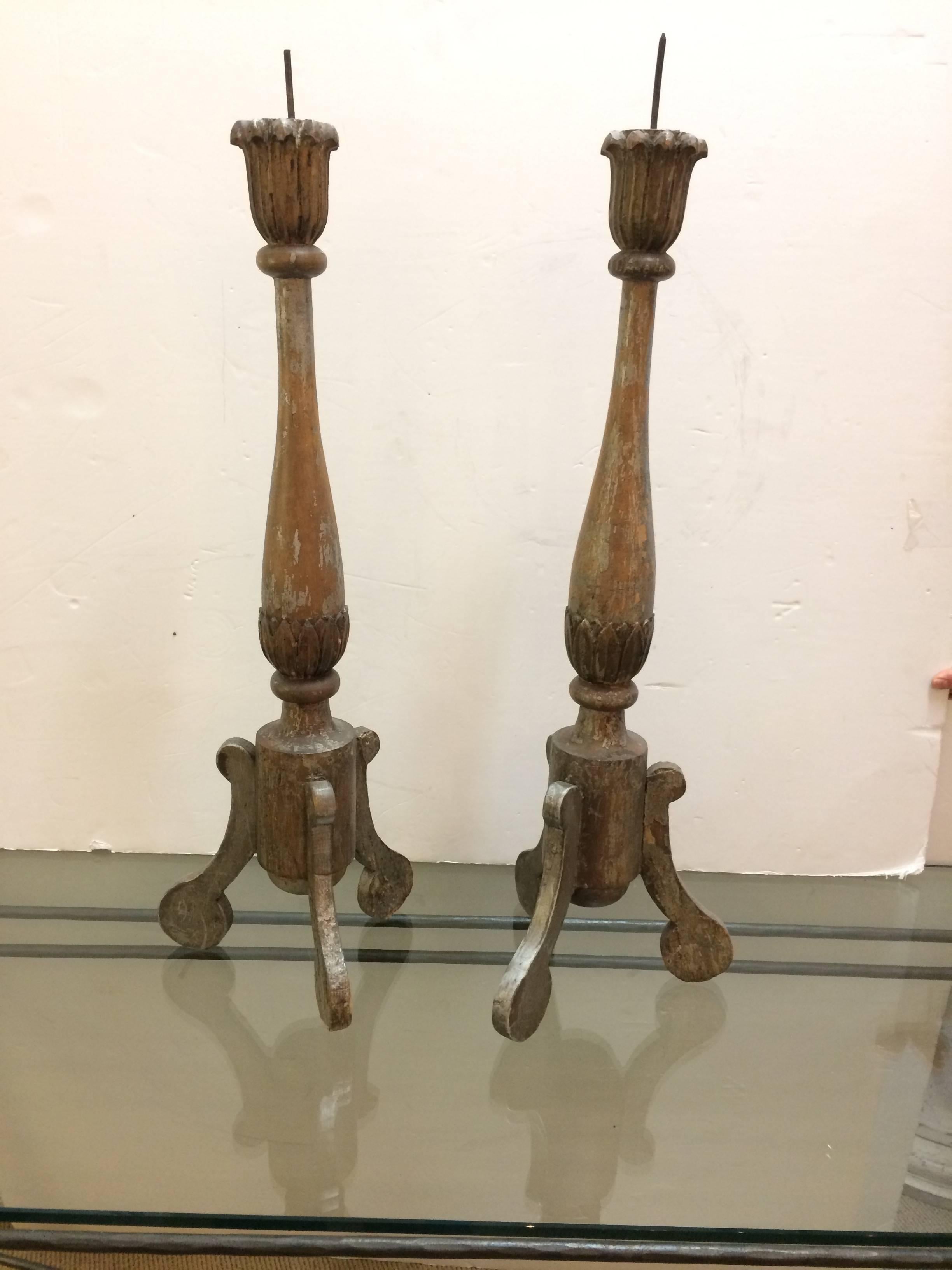 Pair of 19th Century Silverleaf Carved Wood French Pricket Candlesticks For Sale 4
