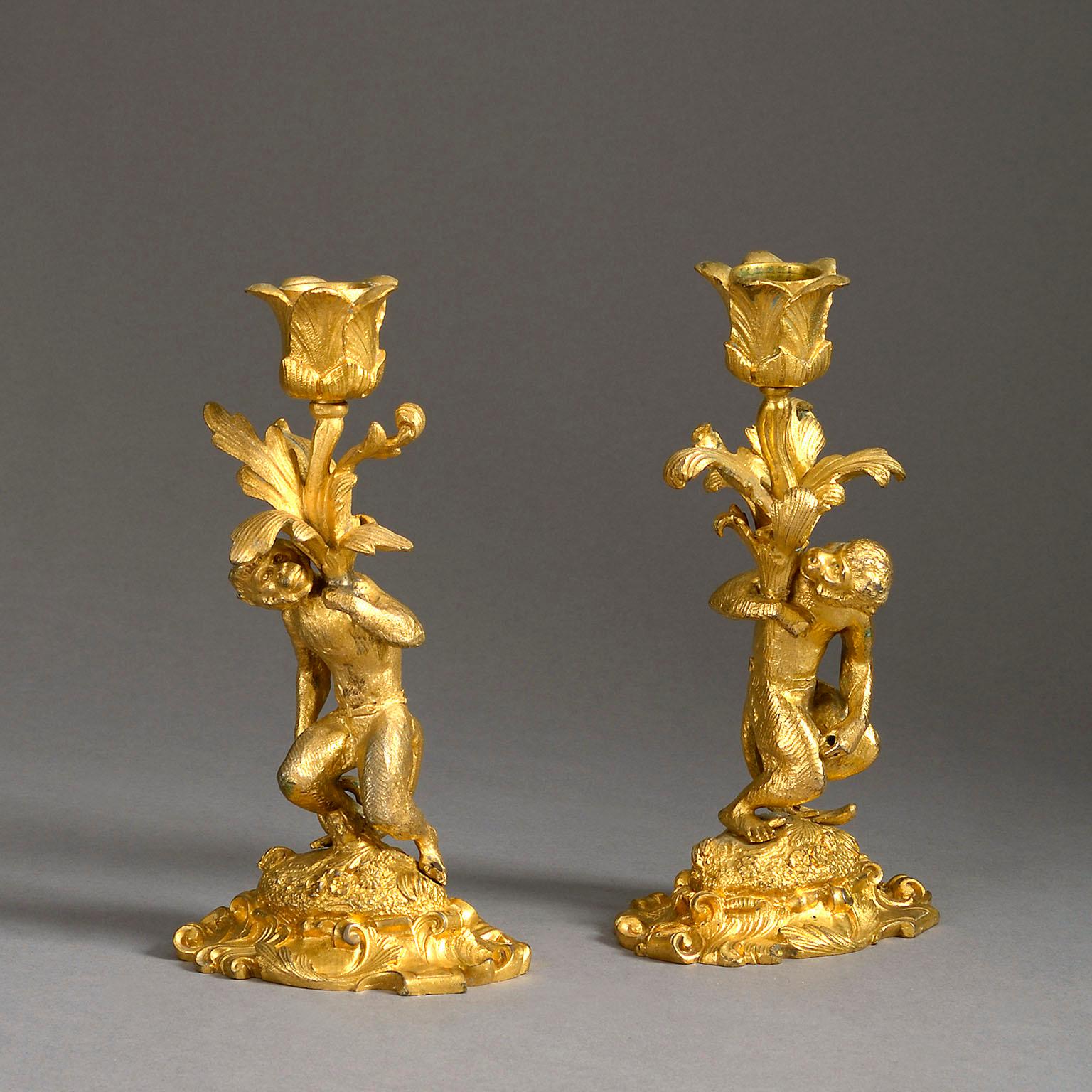 Rococo Pair of 19th Century Singerie Ormolu Candlesticks