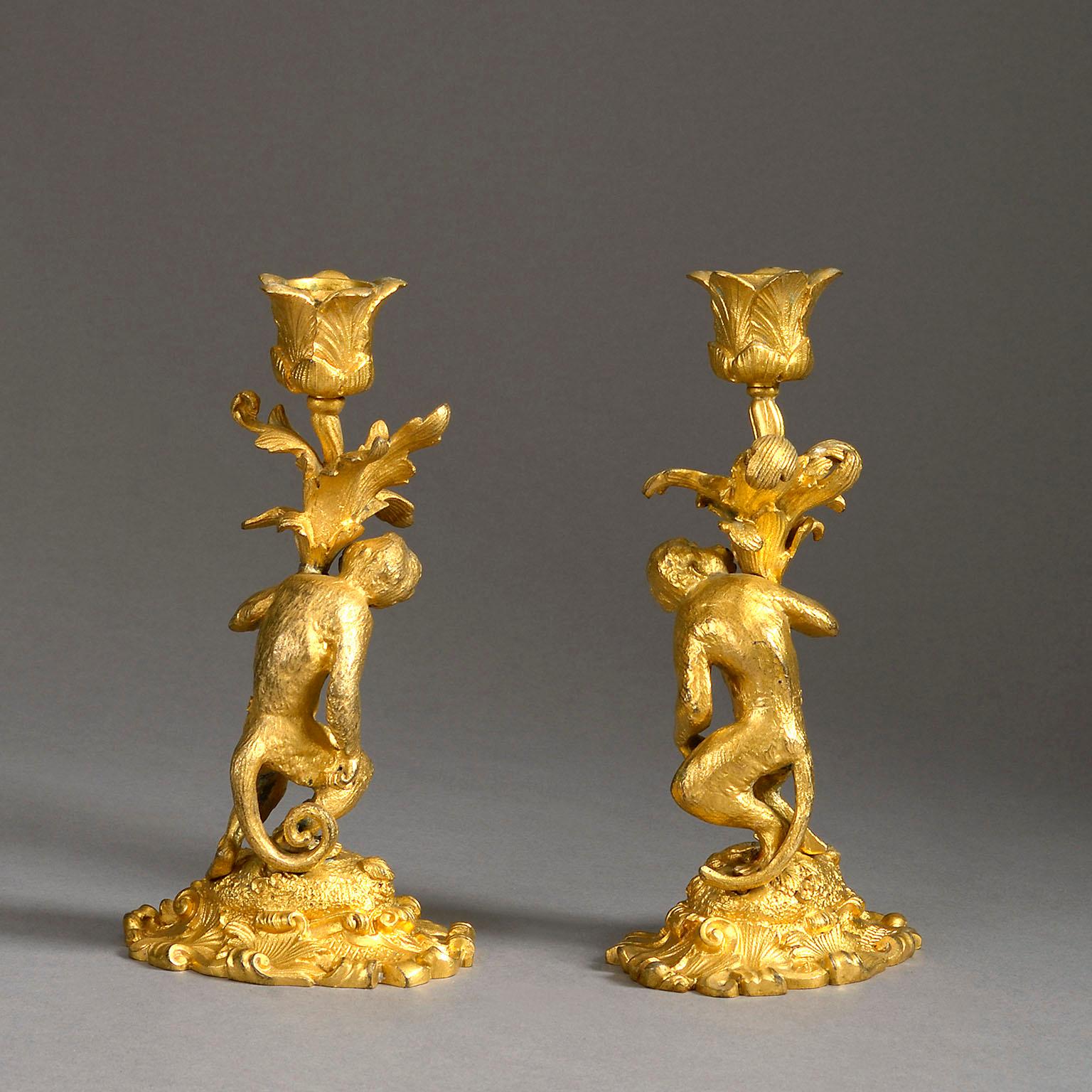 French Pair of 19th Century Singerie Ormolu Candlesticks