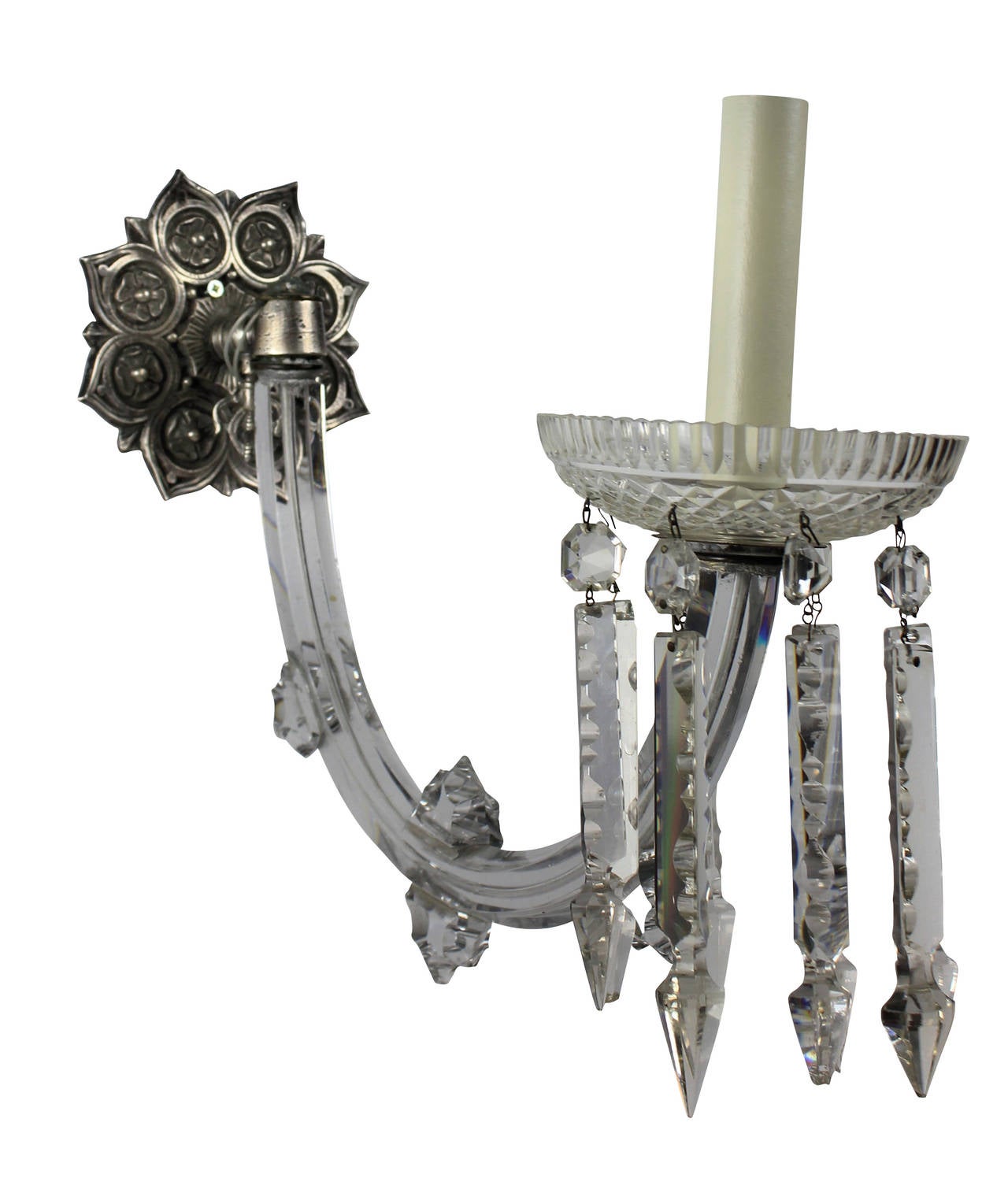 A pair of good quality English single arm sconces with large up-swept handcut-glass arms with decorative glass finials and a finely cut dish with pendants. The metal work of silvered bronze.