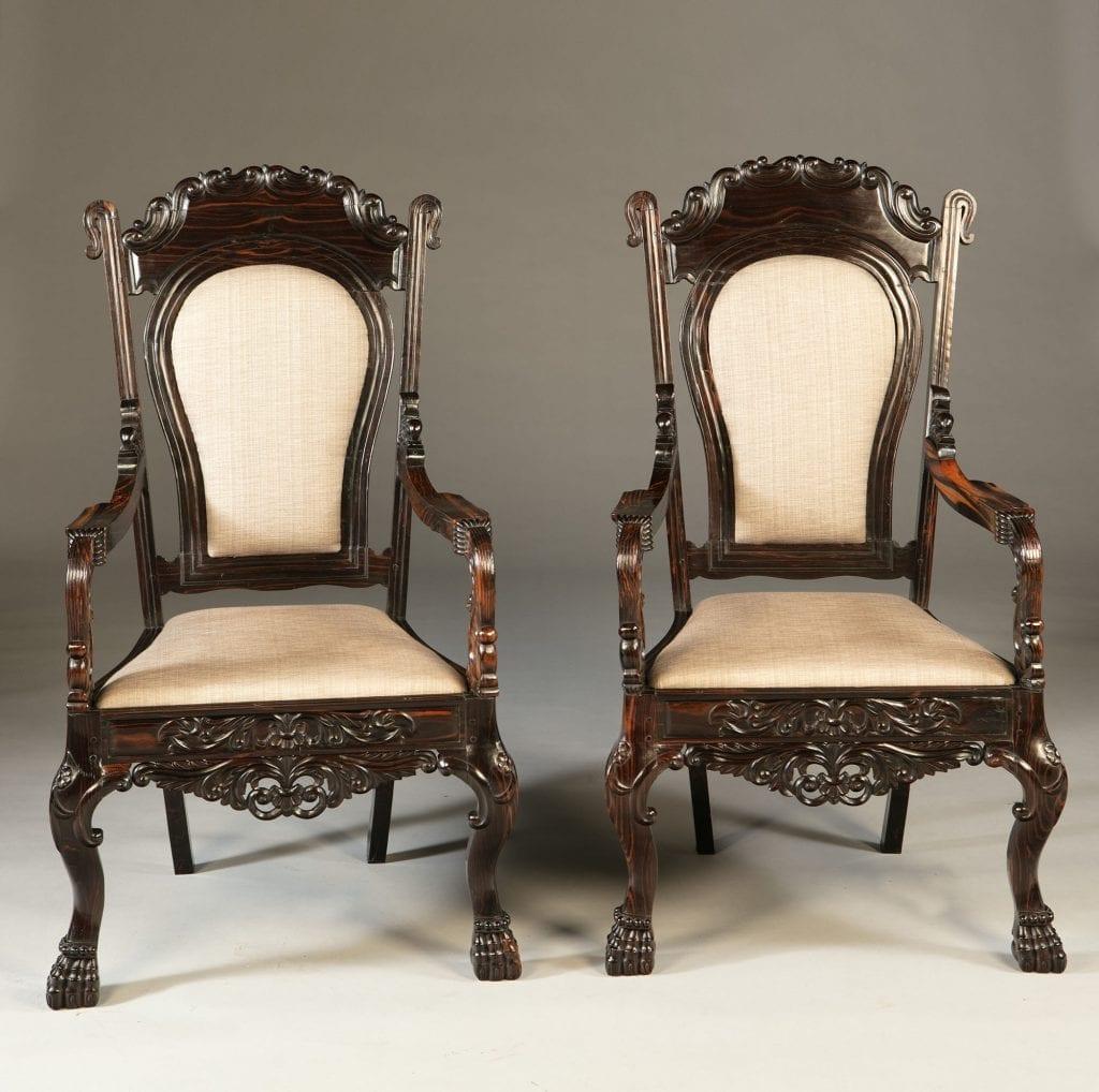A very fine pair of solid calamander wood south Indian / Ceylonese armchairs, both crafted from highly figured rich Calamander Wood. With strongly carved ornament, pierced aprons, and claw feet.

Measures: Height 43.5in, width 24in

110.5cm x