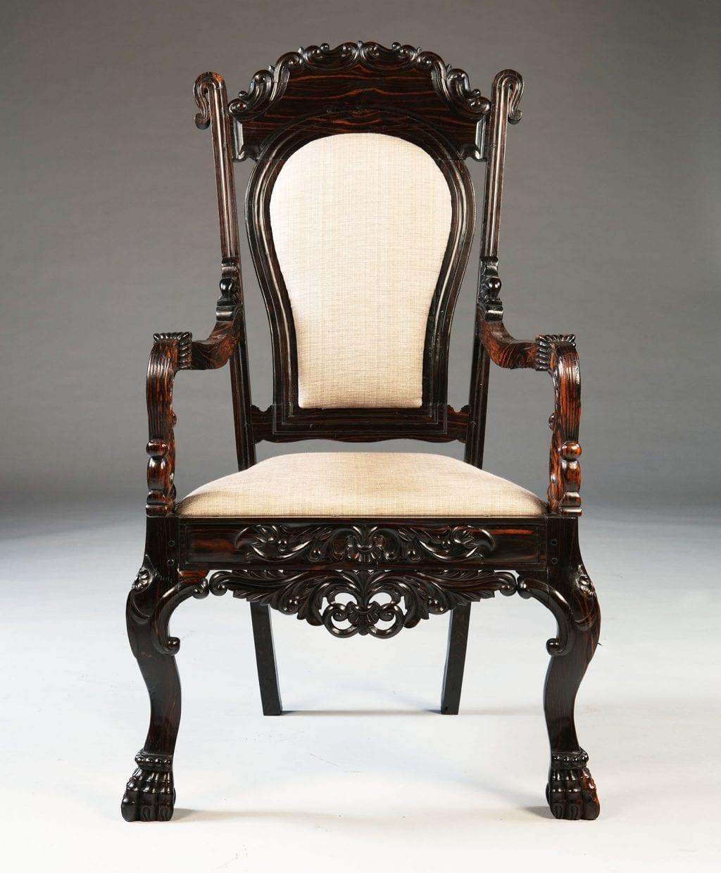 Anglo-Indian Pair of 19th Century Sinhalese Calamander Wood Armchairs For Sale