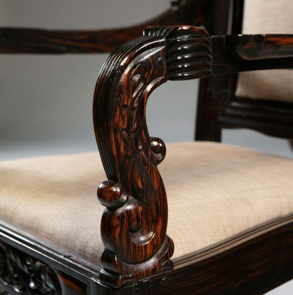 Sri Lankan Pair of 19th Century Sinhalese Calamander Wood Armchairs For Sale
