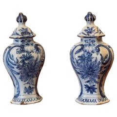 Antique Pair of 19th Century Small Delft Vases