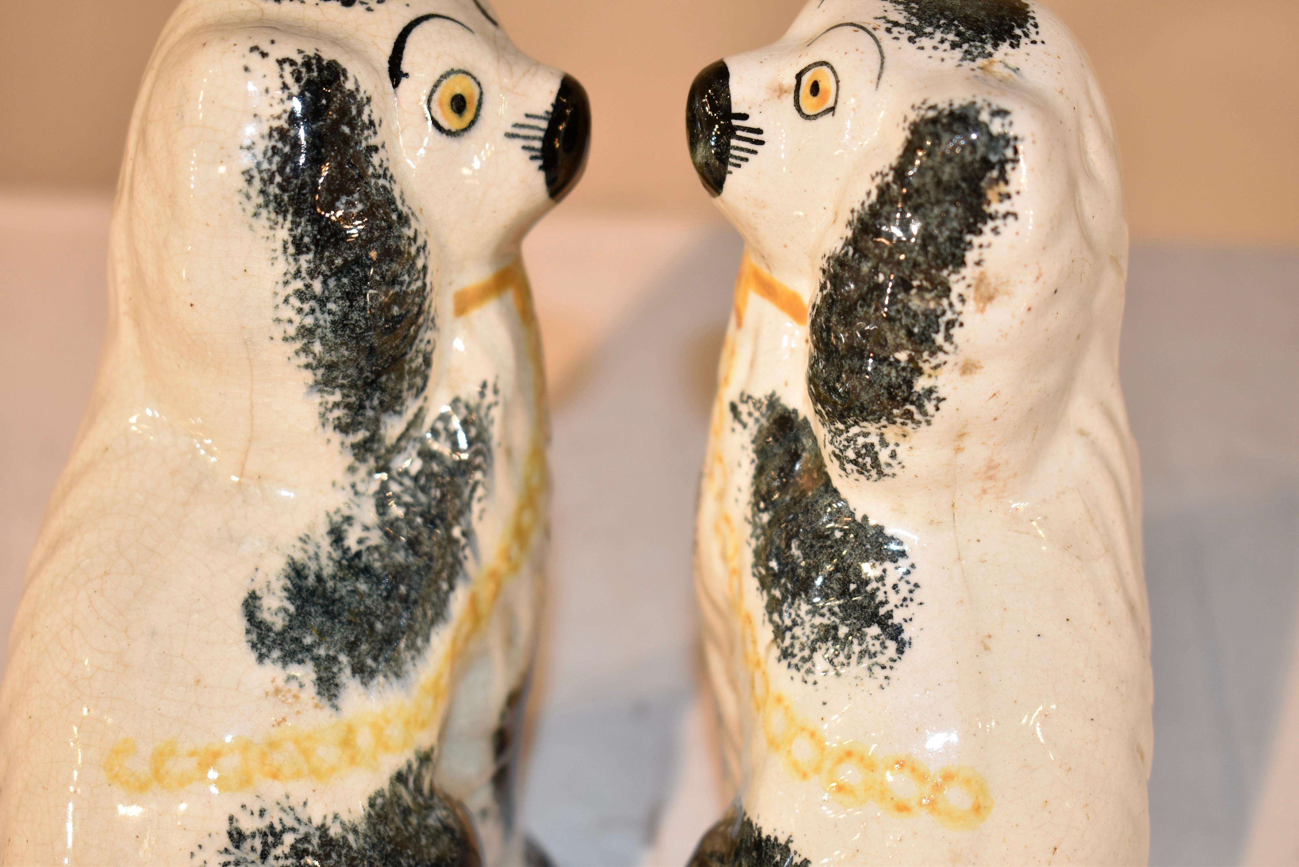 Glazed Pair of 19th Century Small Staffordshire Spaniels For Sale