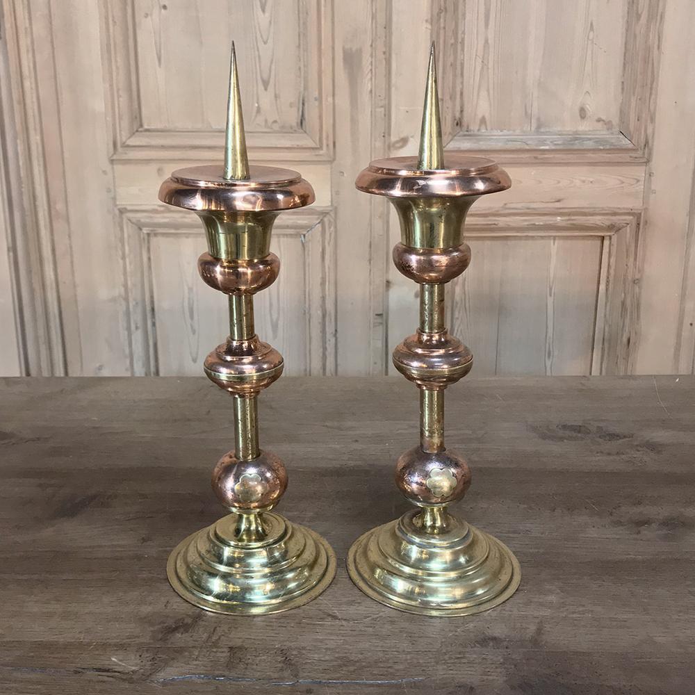 Pair of 19th Century Solid Copper and Brass Alter Candlesticks For Sale 4