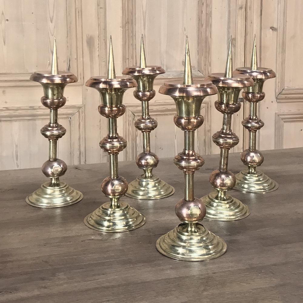 Renaissance Revival Pair of 19th Century Solid Copper and Brass Alter Candlesticks For Sale