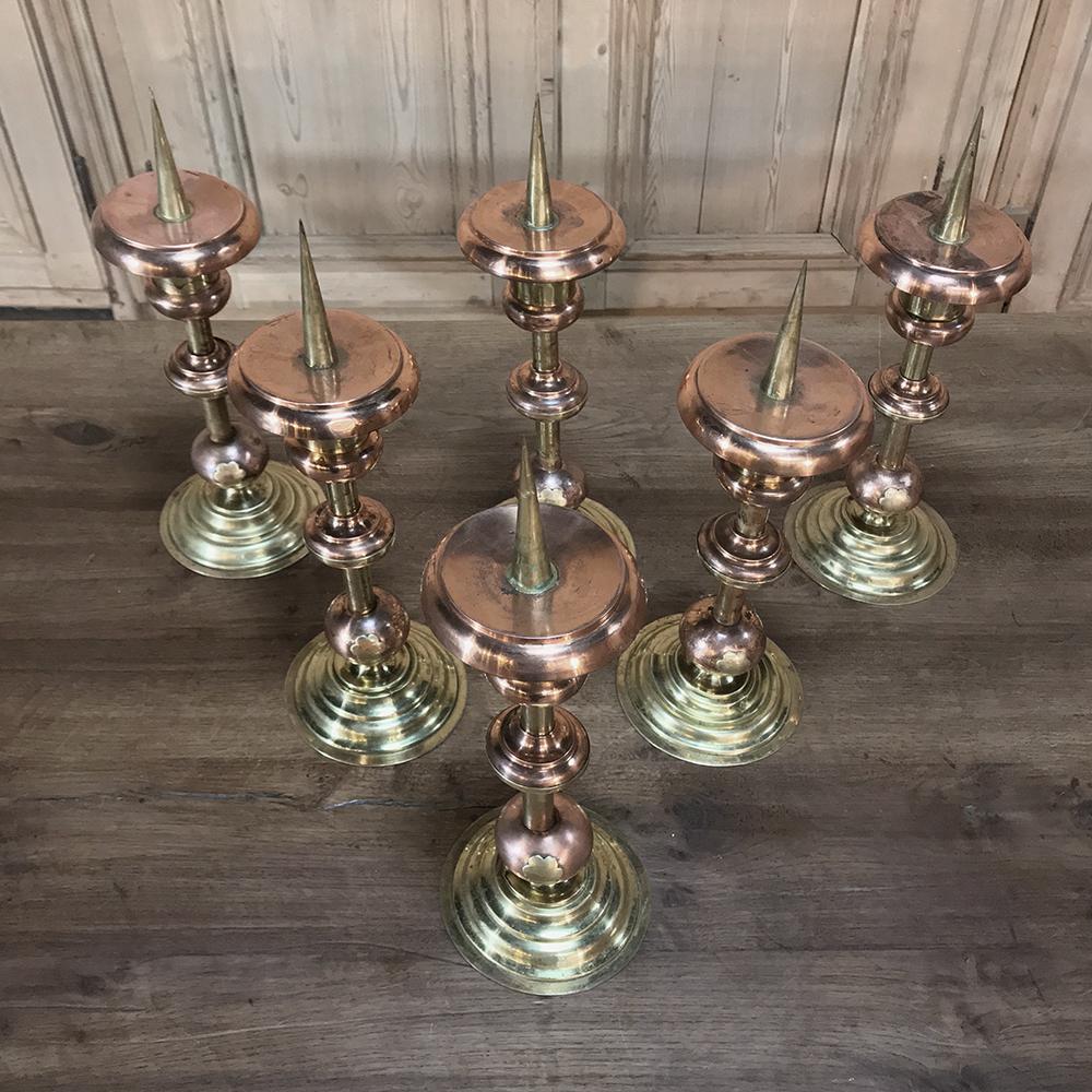 French Pair of 19th Century Solid Copper and Brass Alter Candlesticks For Sale