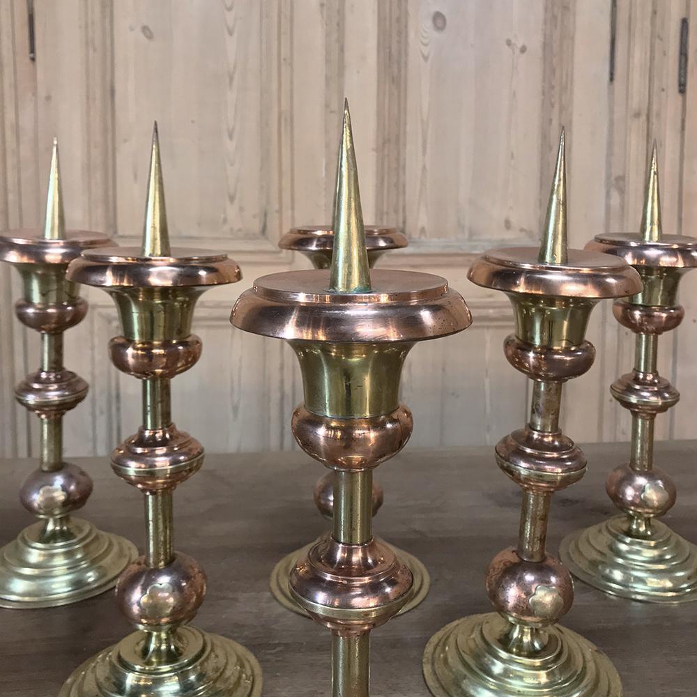 Pair of 19th Century Solid Copper and Brass Alter Candlesticks In Good Condition For Sale In Dallas, TX