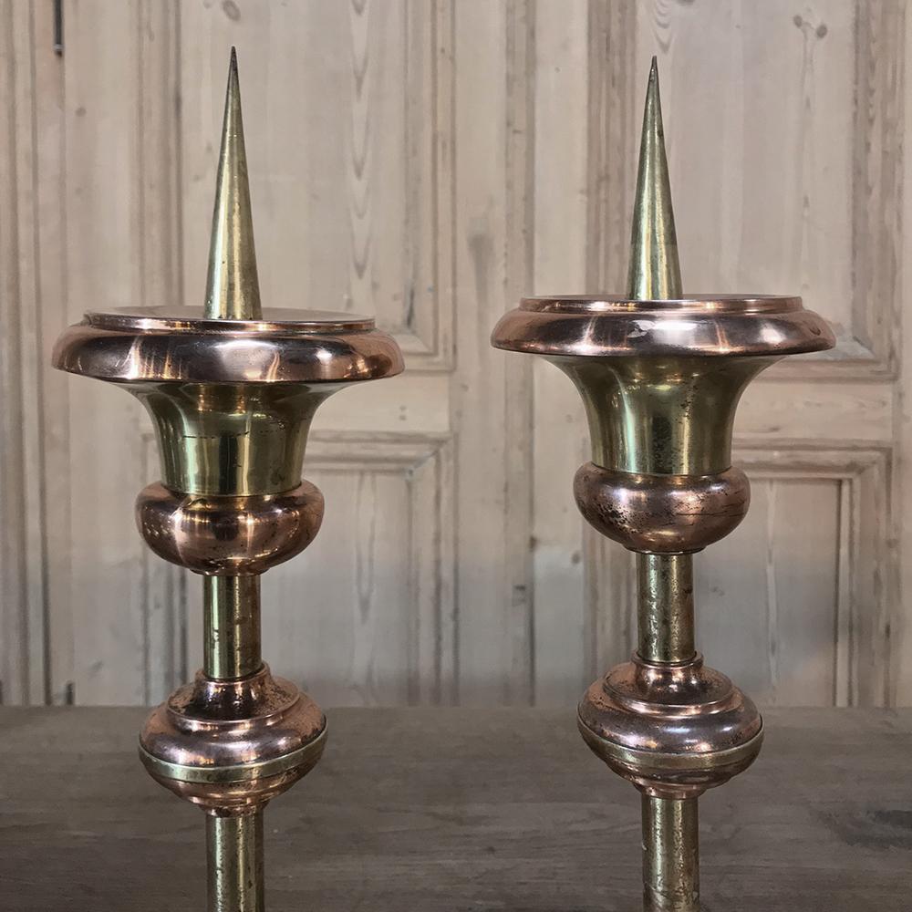 Pair of 19th Century Solid Copper and Brass Alter Candlesticks For Sale 1