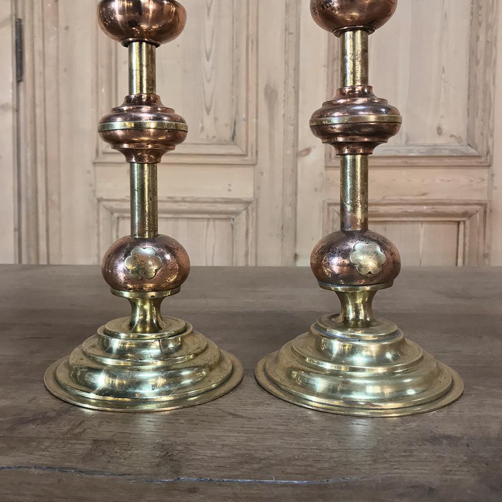 Pair of 19th Century Solid Copper and Brass Alter Candlesticks For Sale 2