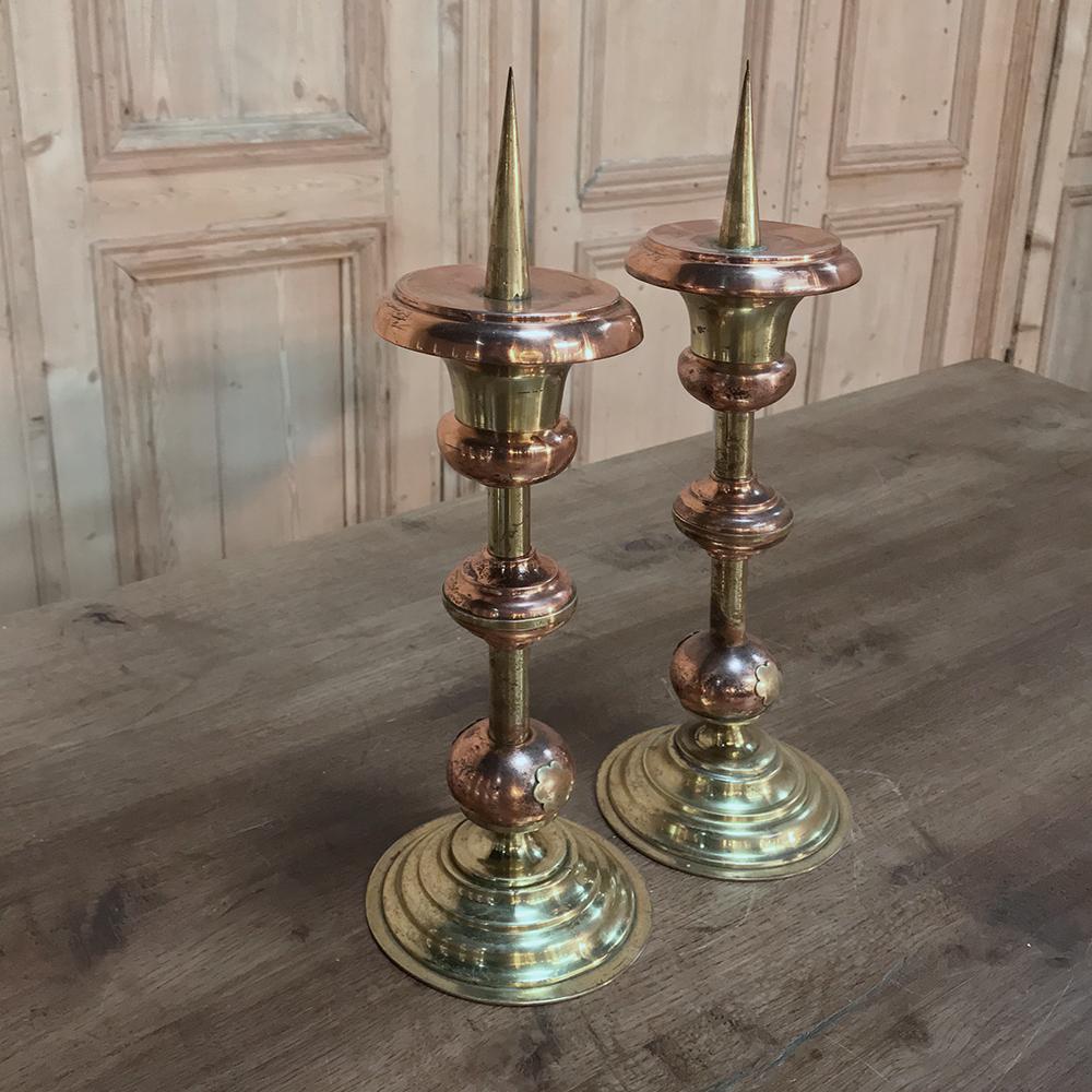 Pair of 19th Century Solid Copper and Brass Alter Candlesticks For Sale 3